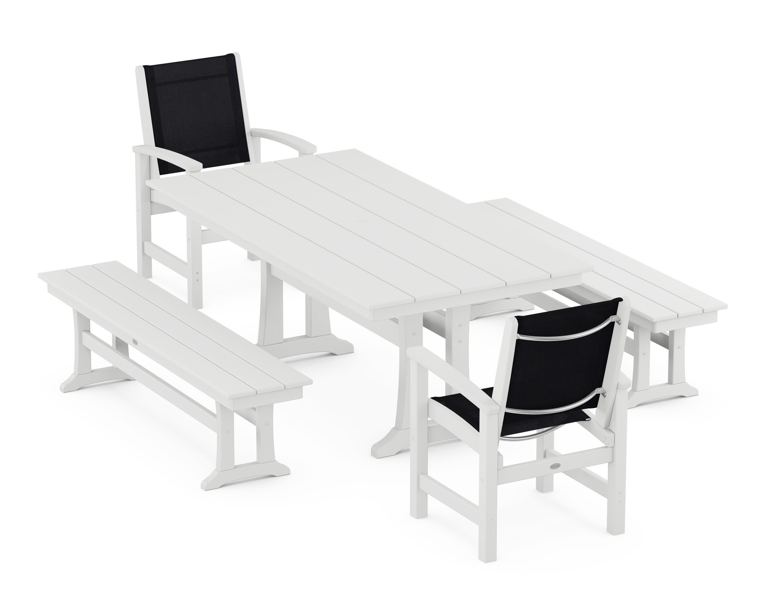 Coastal 5-Piece Farmhouse Dining Set with Trestle Legs and Benches in White / Black Sling
