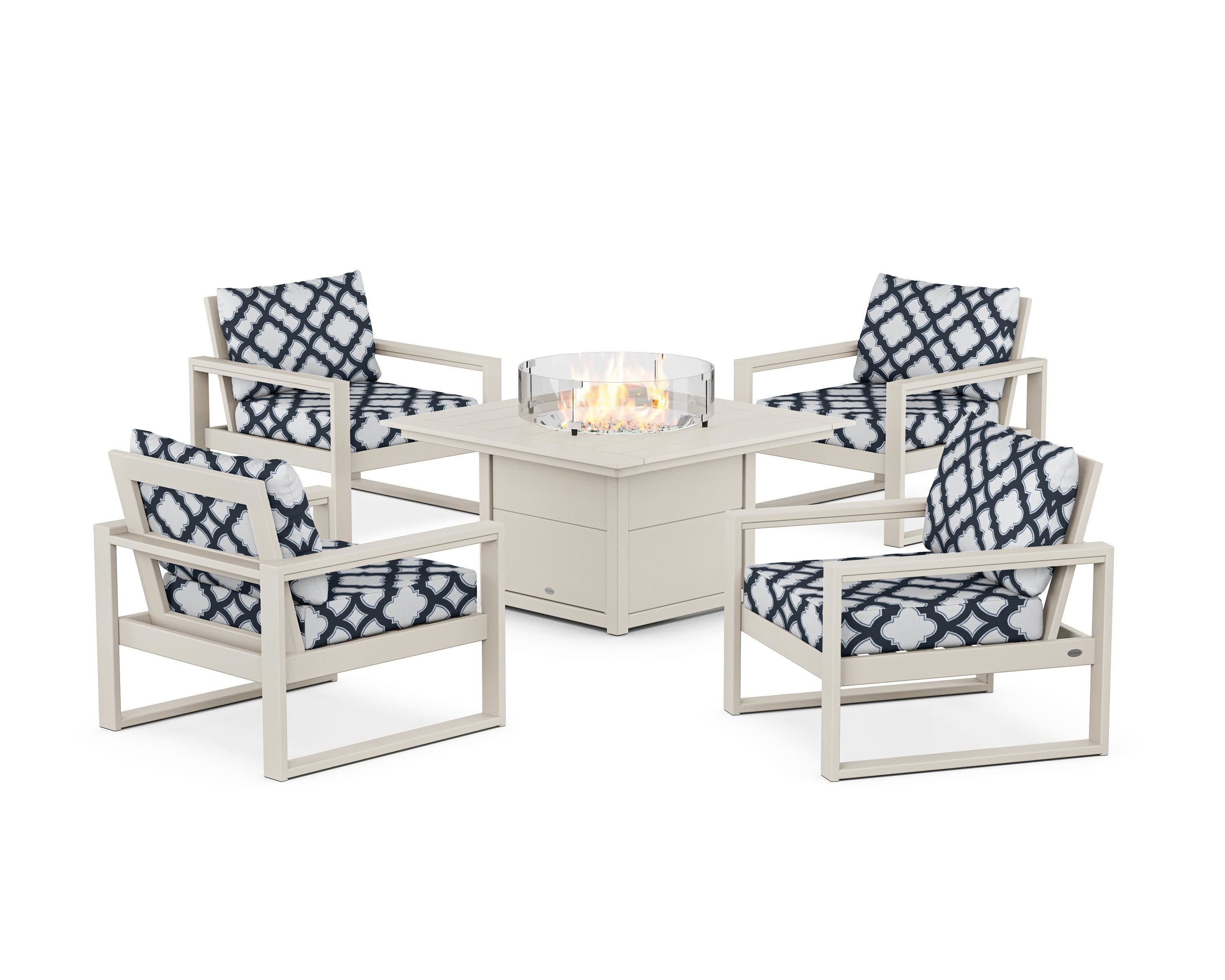 EDGE Sectional 5-Piece Deep Seating Set with Fire Pit Table in Sand / Trellis Marine Indigo
