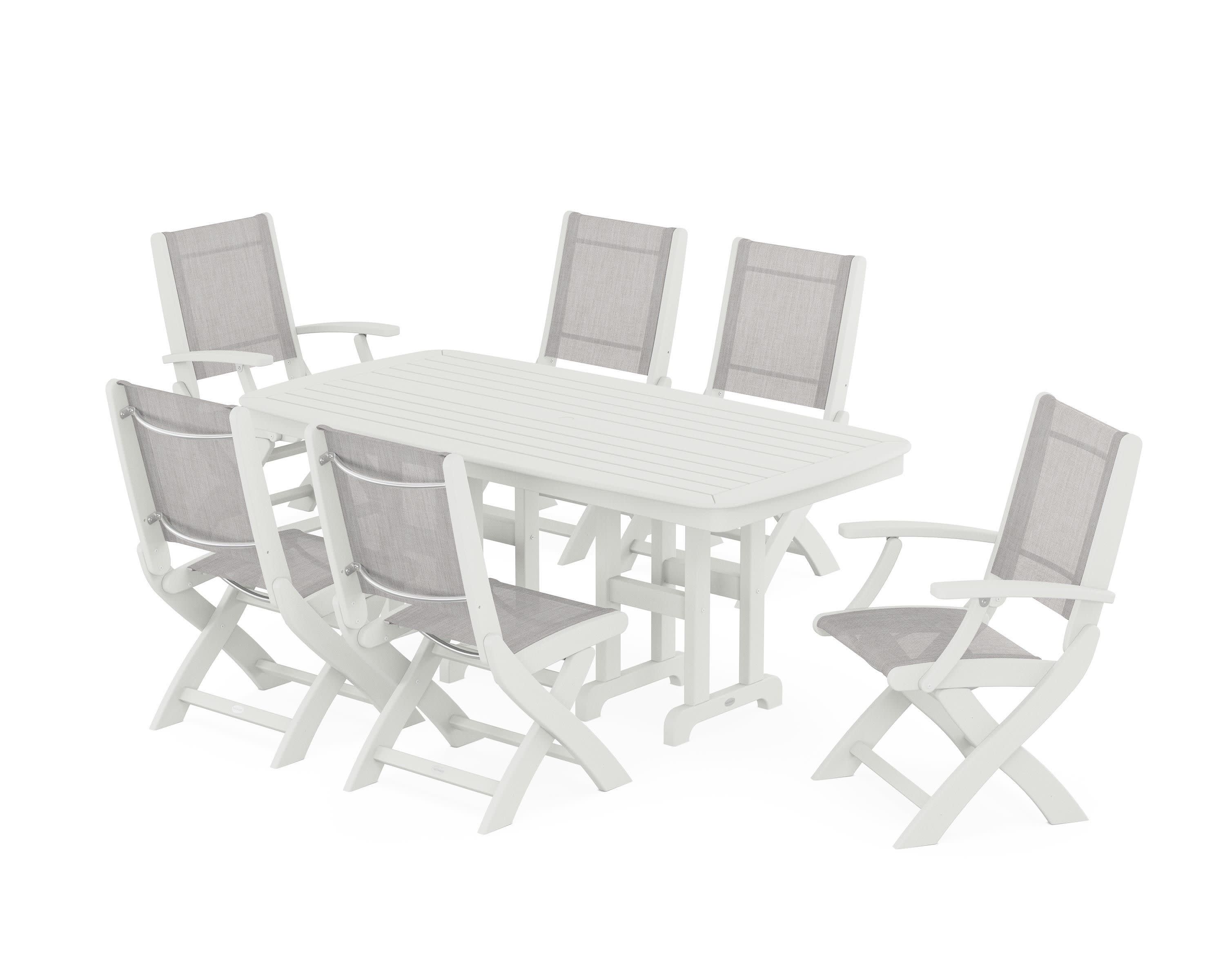 Coastal Folding Chair 7-Piece Dining Set in Vintage White / Parchment Sling