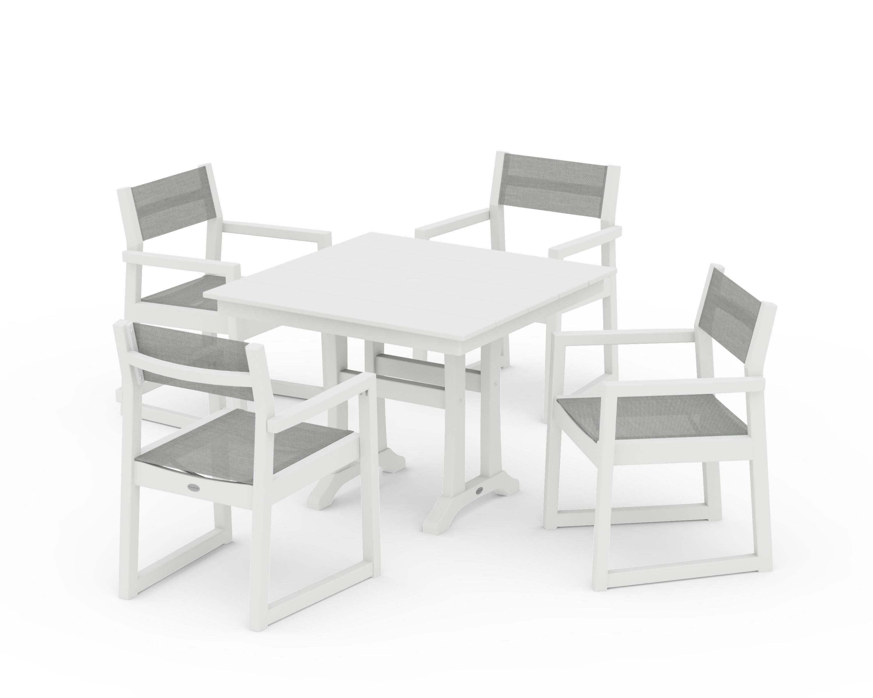 EDGE Sling 5-Piece Farmhouse Dining Set with Trestle Legs in White / Metallic Sling