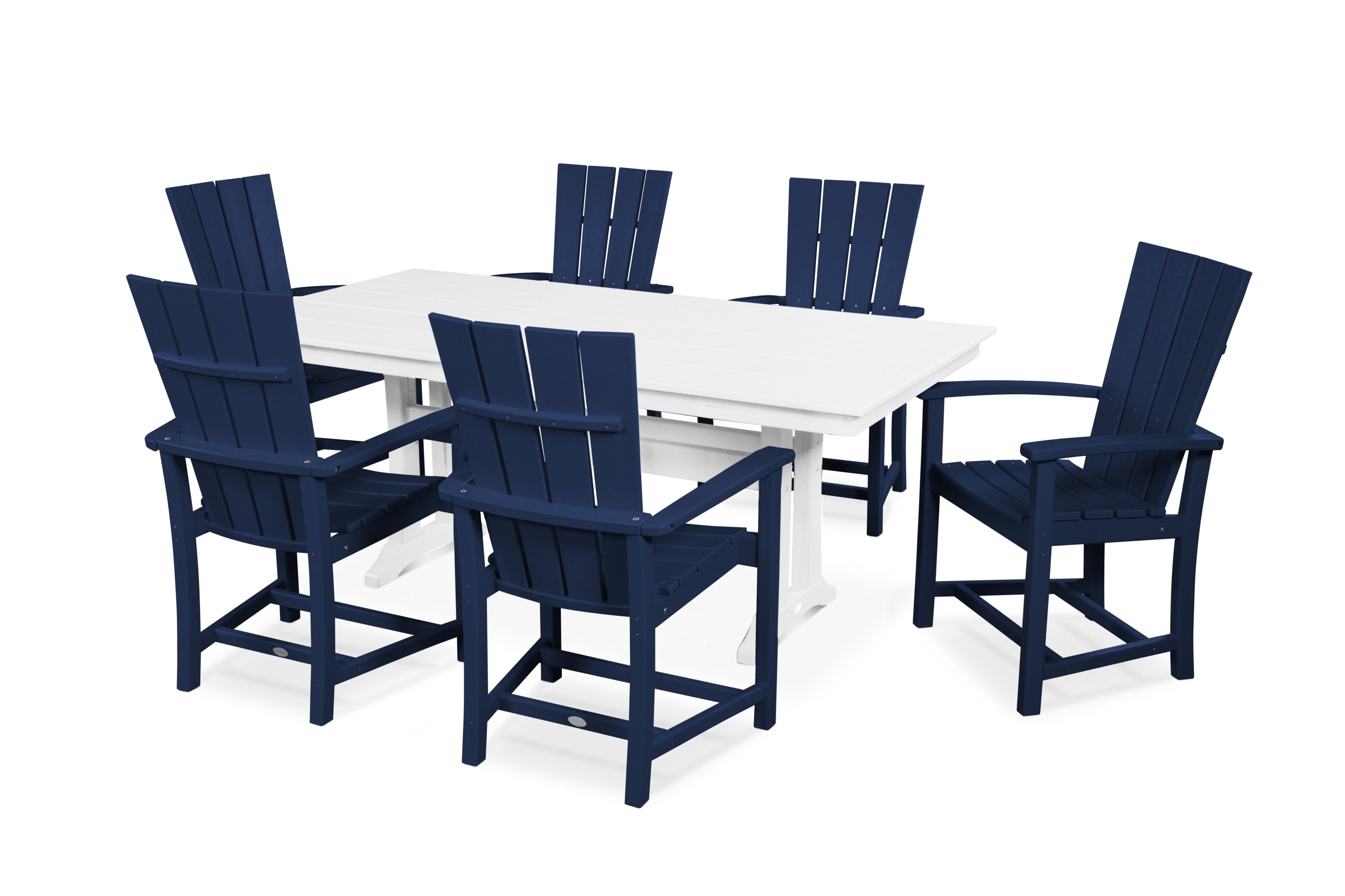 Quattro 7-Piece Farmhouse Dining Set with Trestle Legs in Navy / White