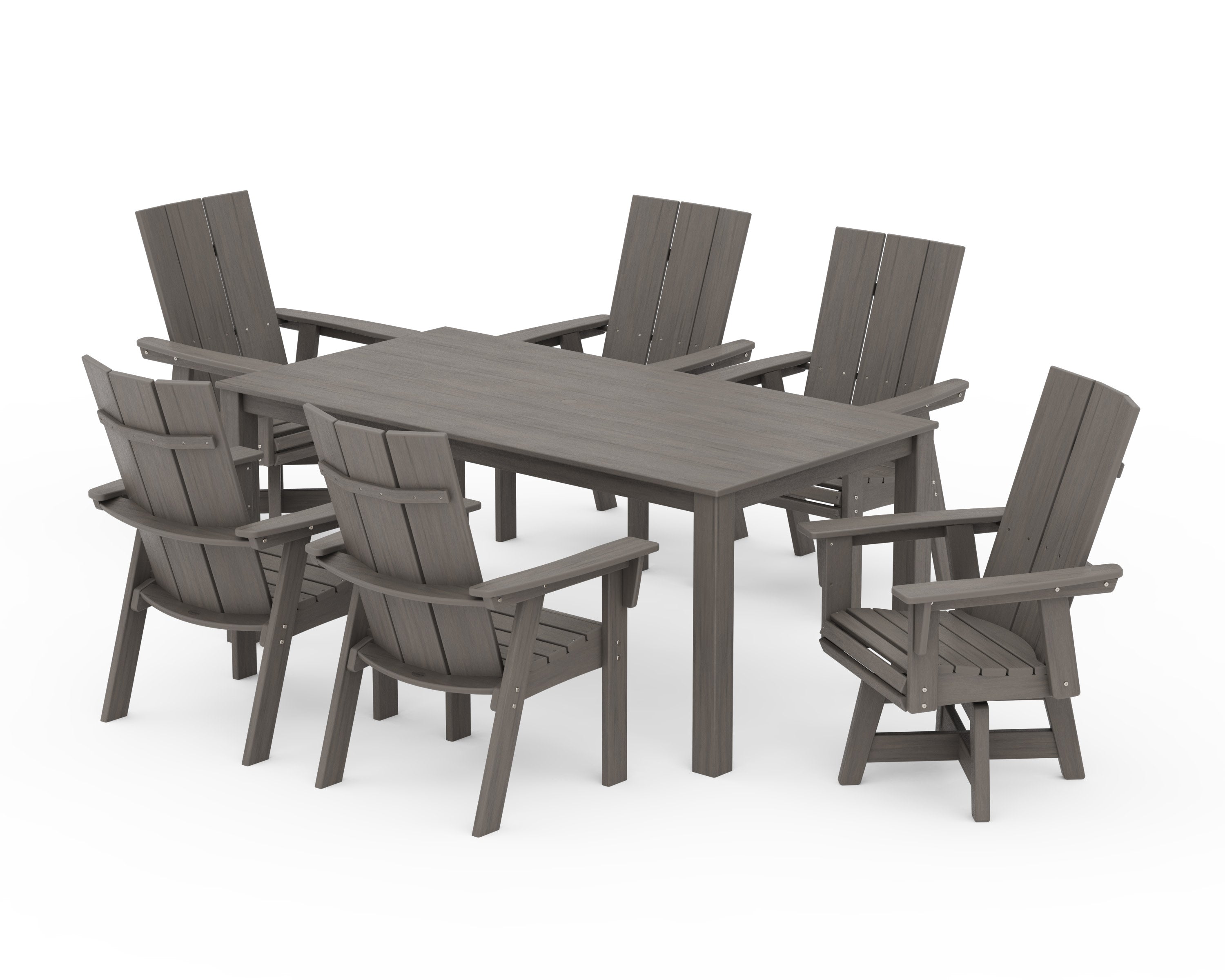 Modern Curveback Adirondack 7-Piece Parsons Swivel Dining Set in Driftwood