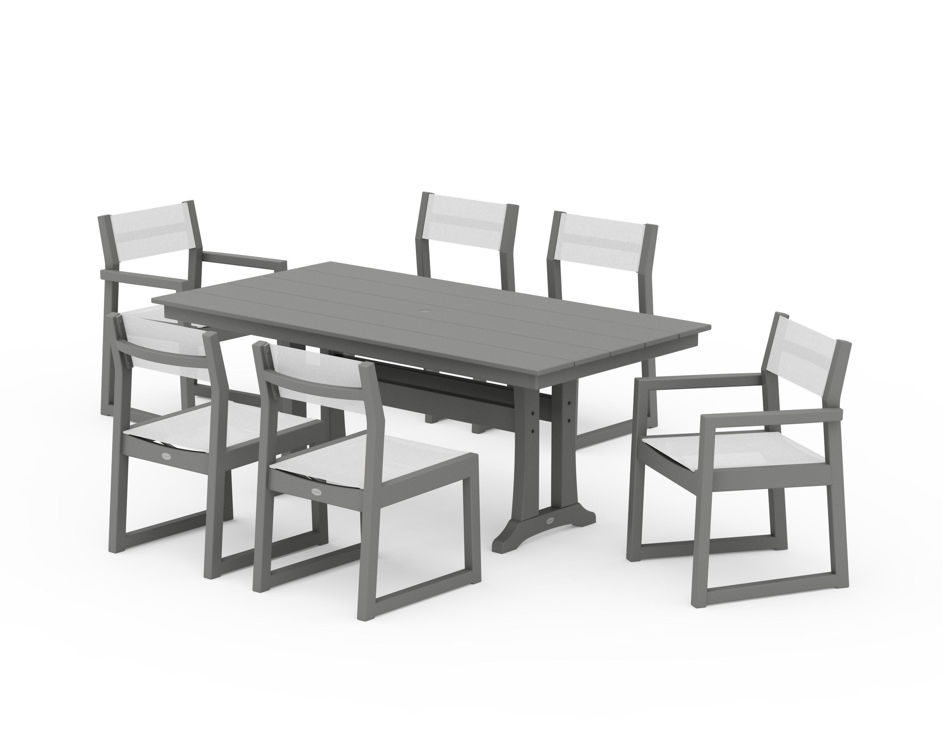 EDGE Sling 7-Piece Farmhouse Trestle Dining Set in Slate Grey / White Sling