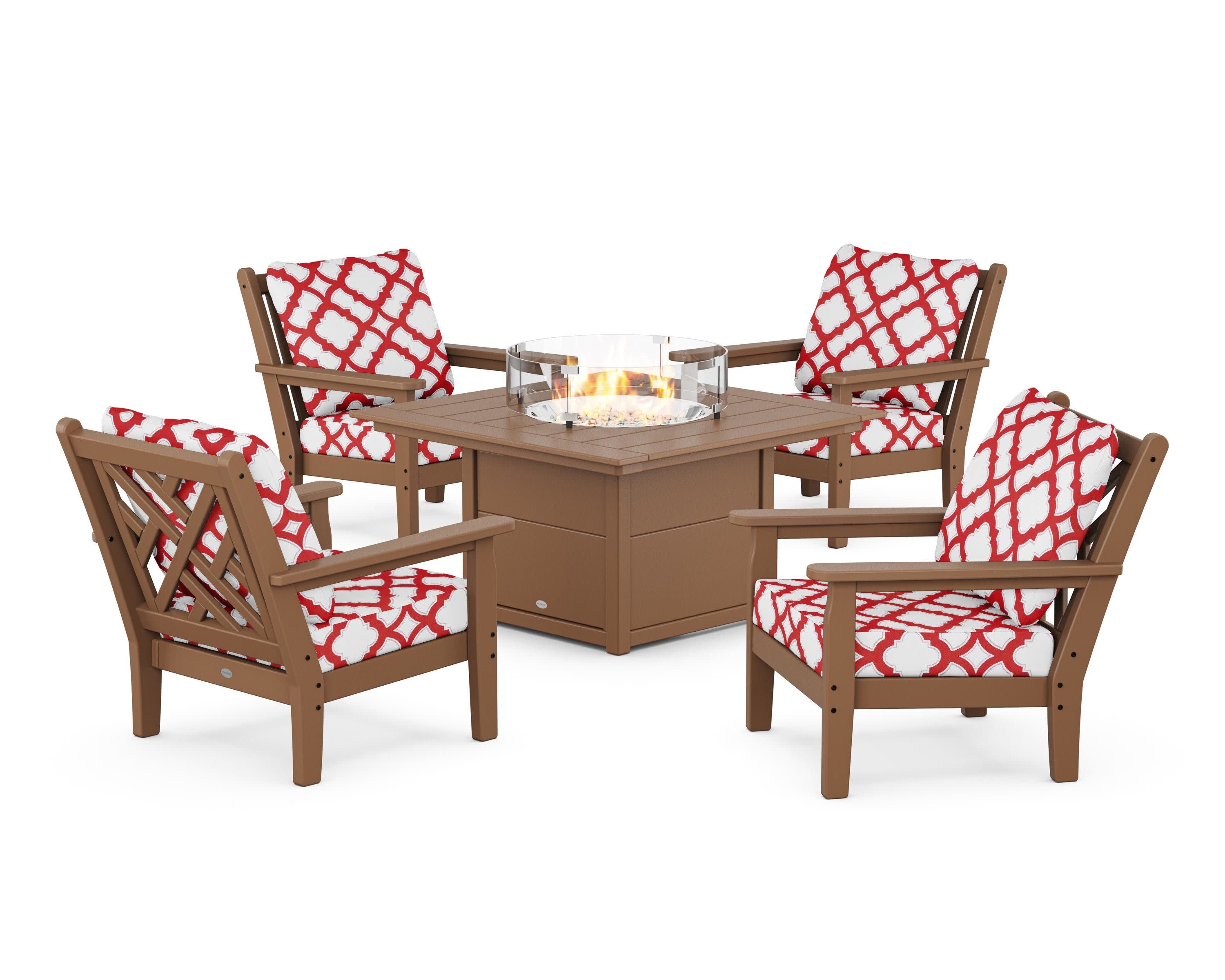 Chippendale 5-Piece Deep Seating Set with Fire Pit Table in Teak / Trellis Crimson