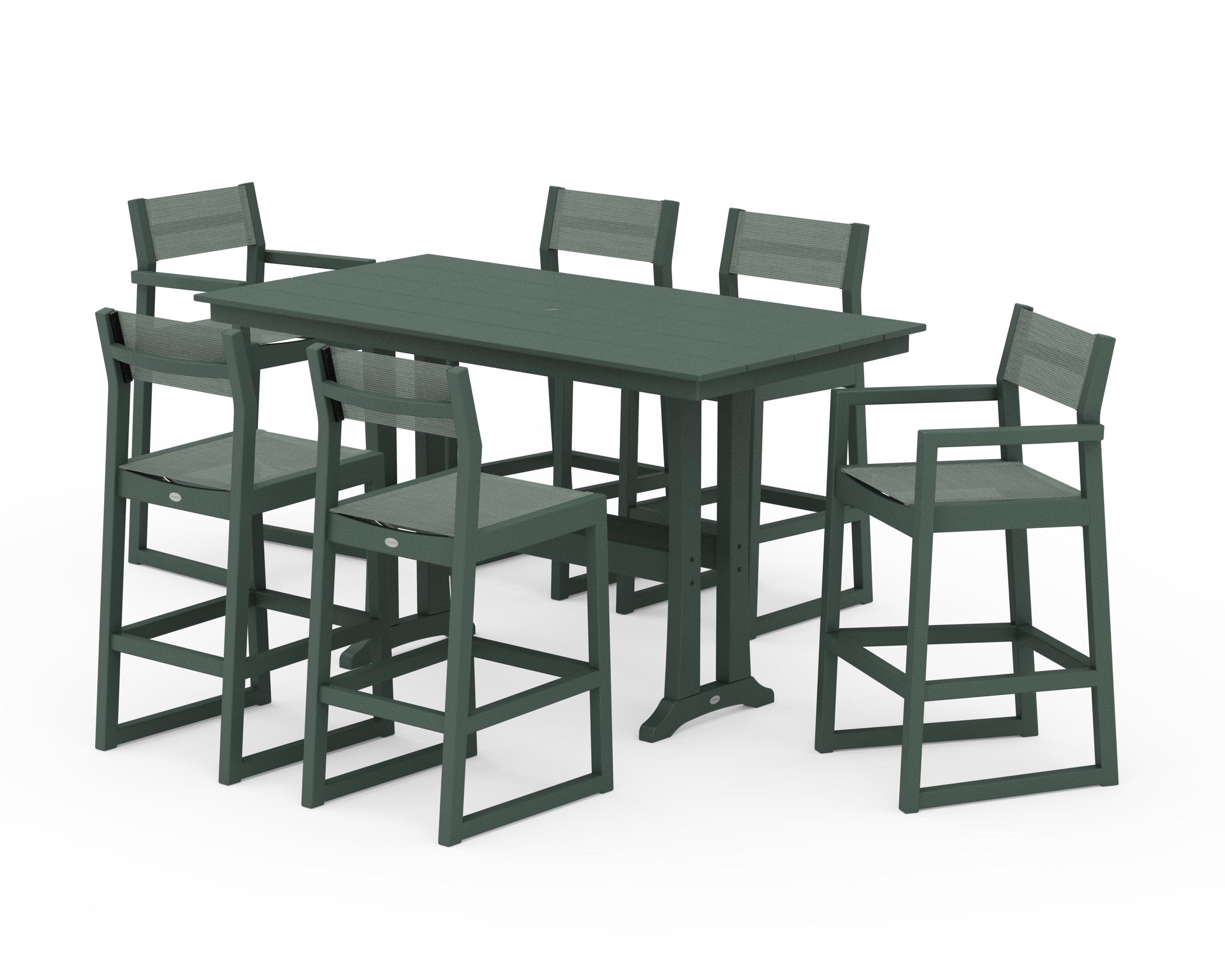 EDGE Sling 7-Piece Farmhouse Bar Set with Trestle Legs in Green / Dupioni Sea Mist Sling