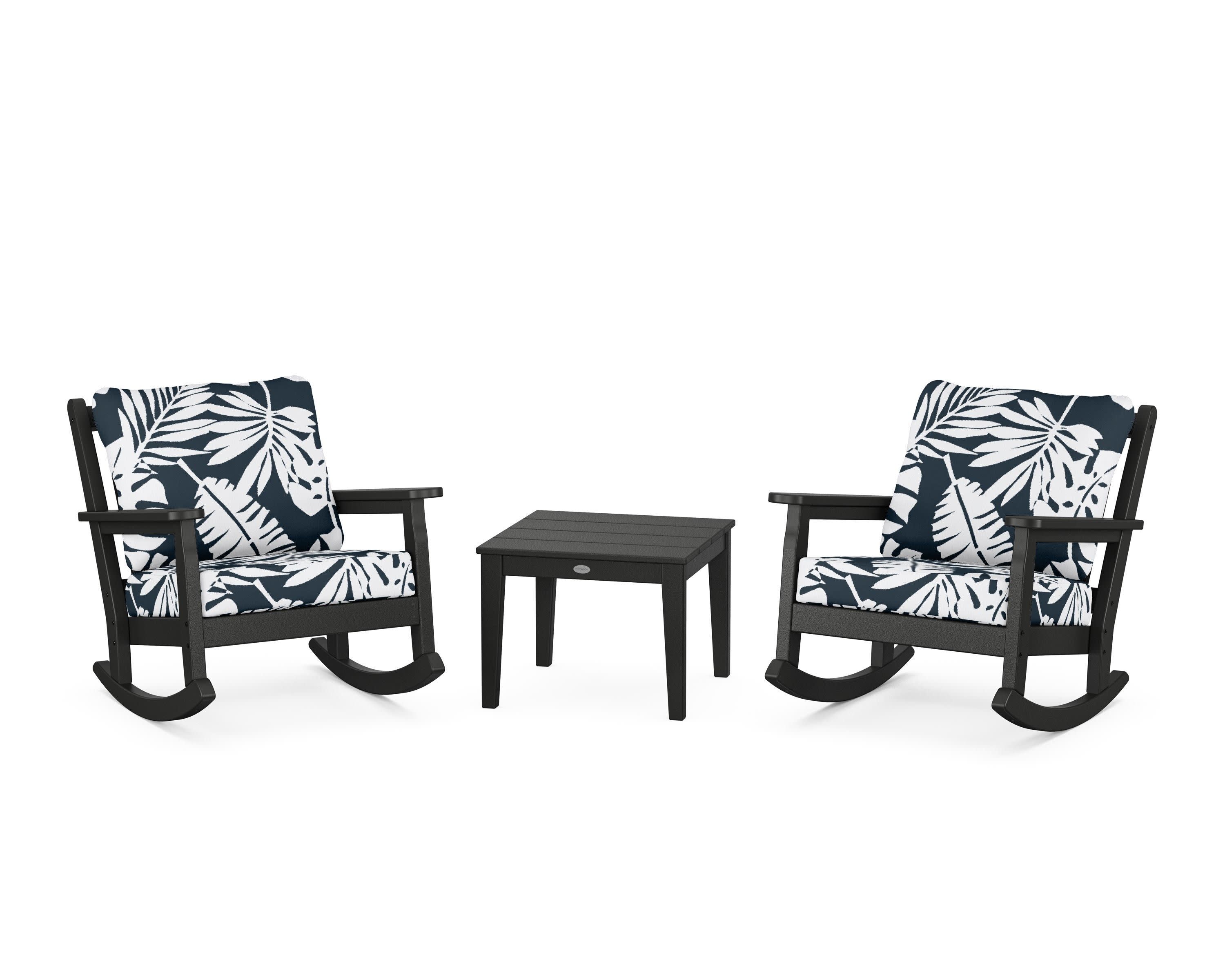 Chippendale 3-Piece Deep Seating Rocker Set in Black / Leaf Marine Indigo