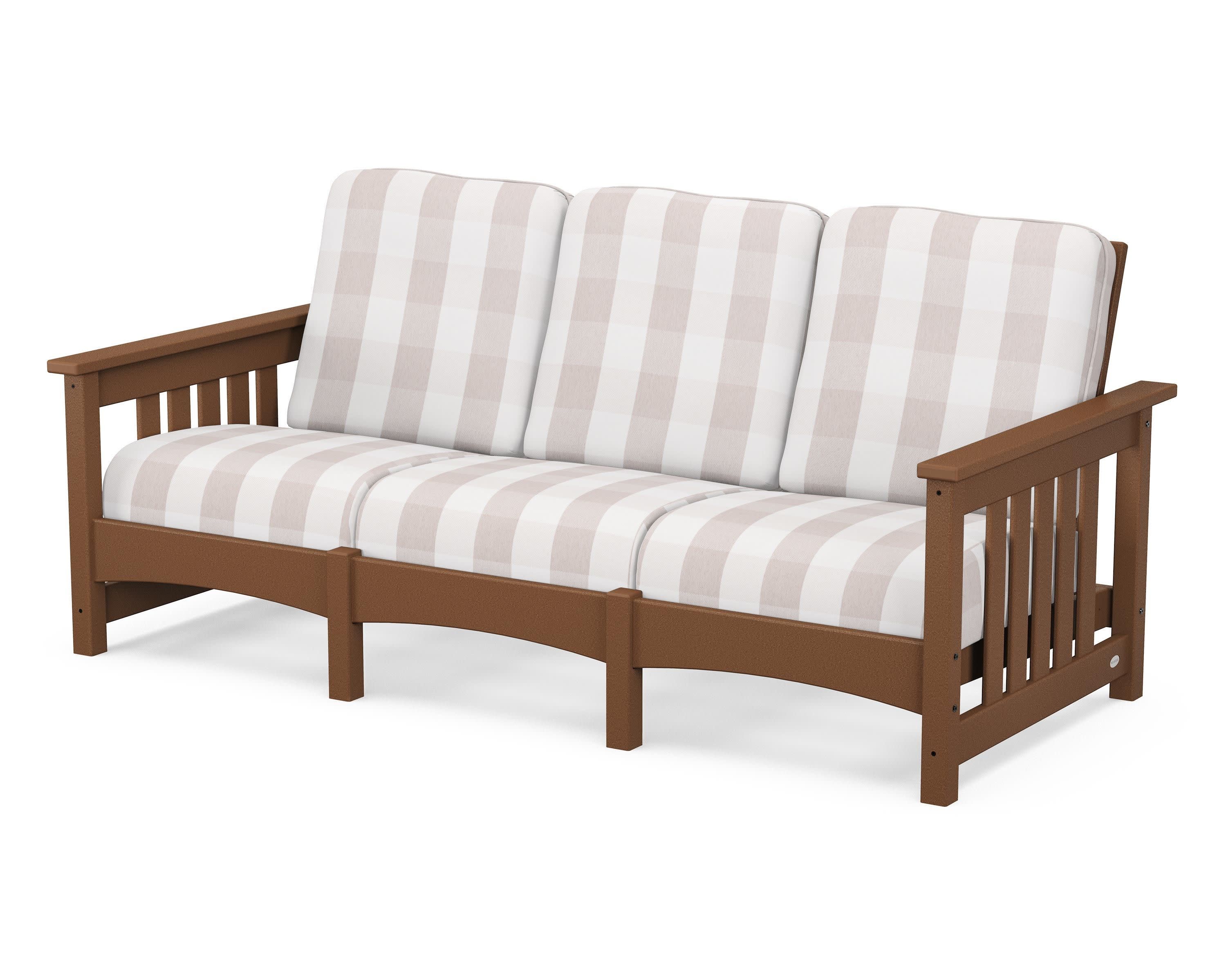 Club Mission Sofa in Teak / Buffalo Plaid Dune Burlap