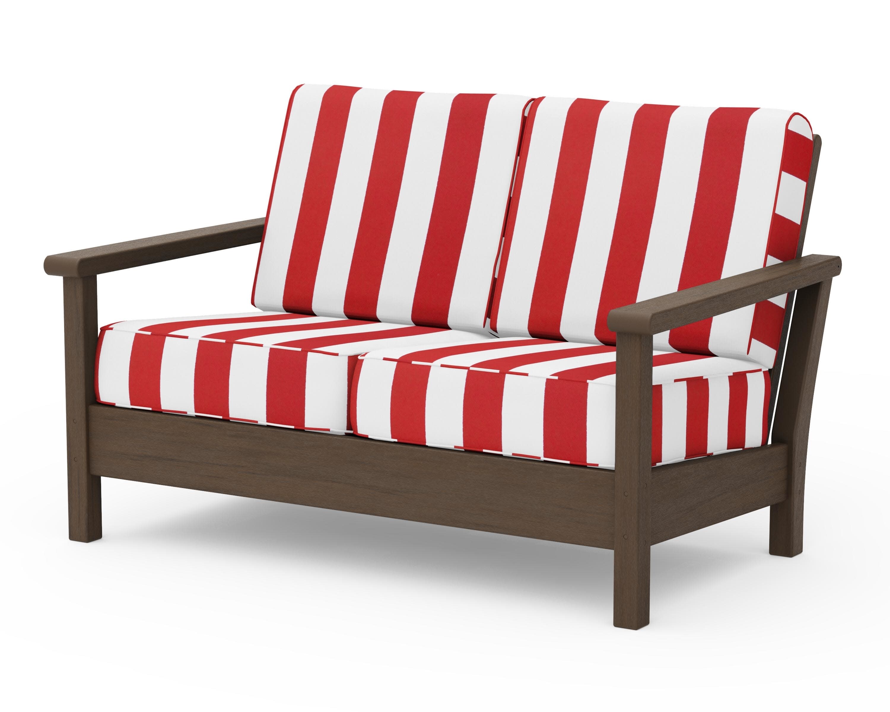 Harbour Deep Seating Loveseat in Kona / Cabana Stripe Crimson