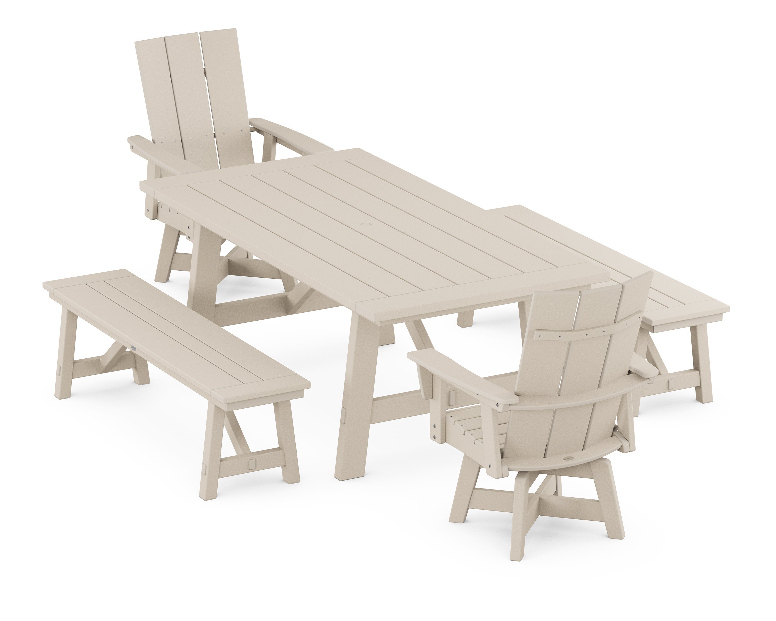 Modern Curveback Adirondack Swivel Chair 5-Piece Rustic Farmhouse Dining Set With Benches in Sand
