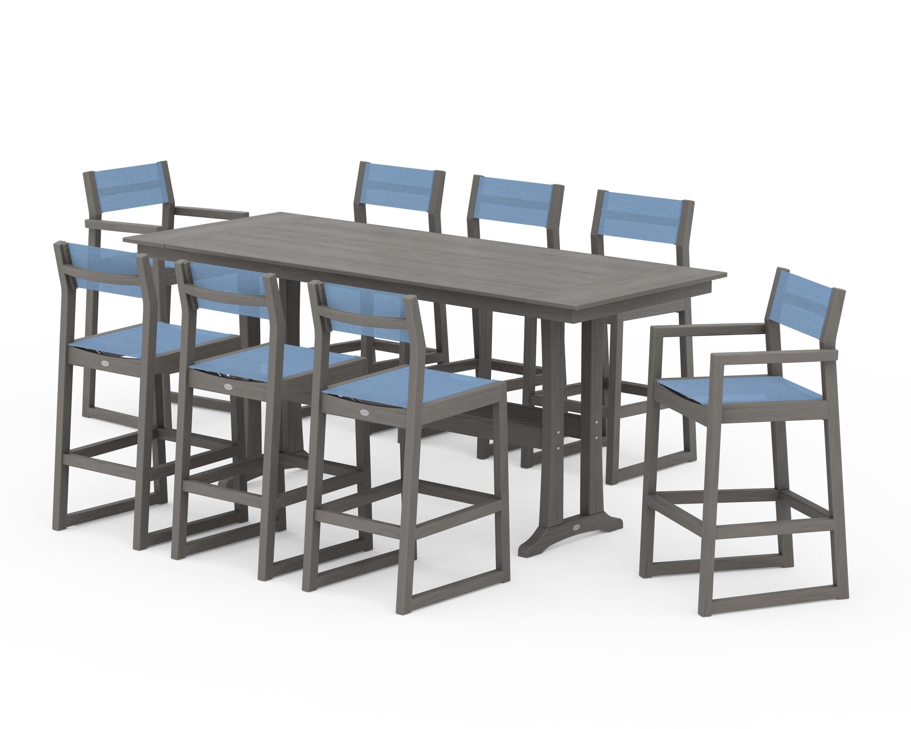 EDGE Sling 9-Piece Farmhouse Bar Set with Trestle Legs in Driftwood / Poolside Sling