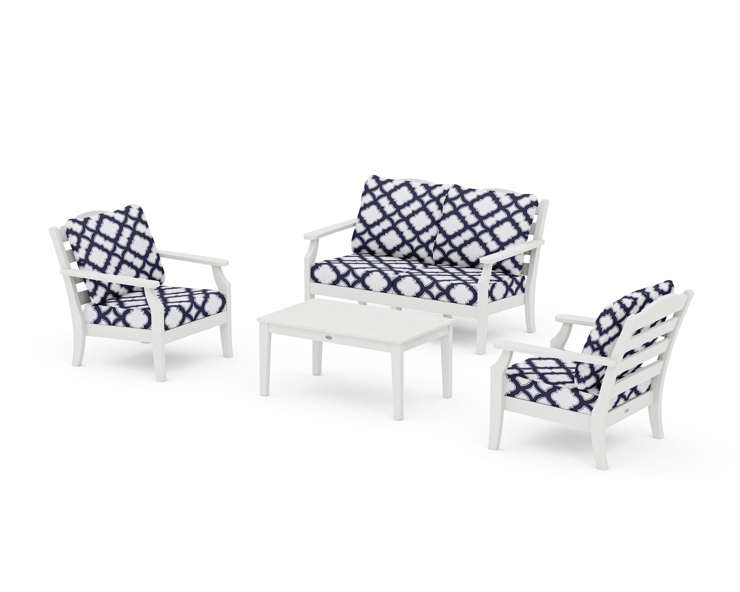Savannah 4-Piece Deep Seating Set with Loveseat in Vintage White / Trellis Navy