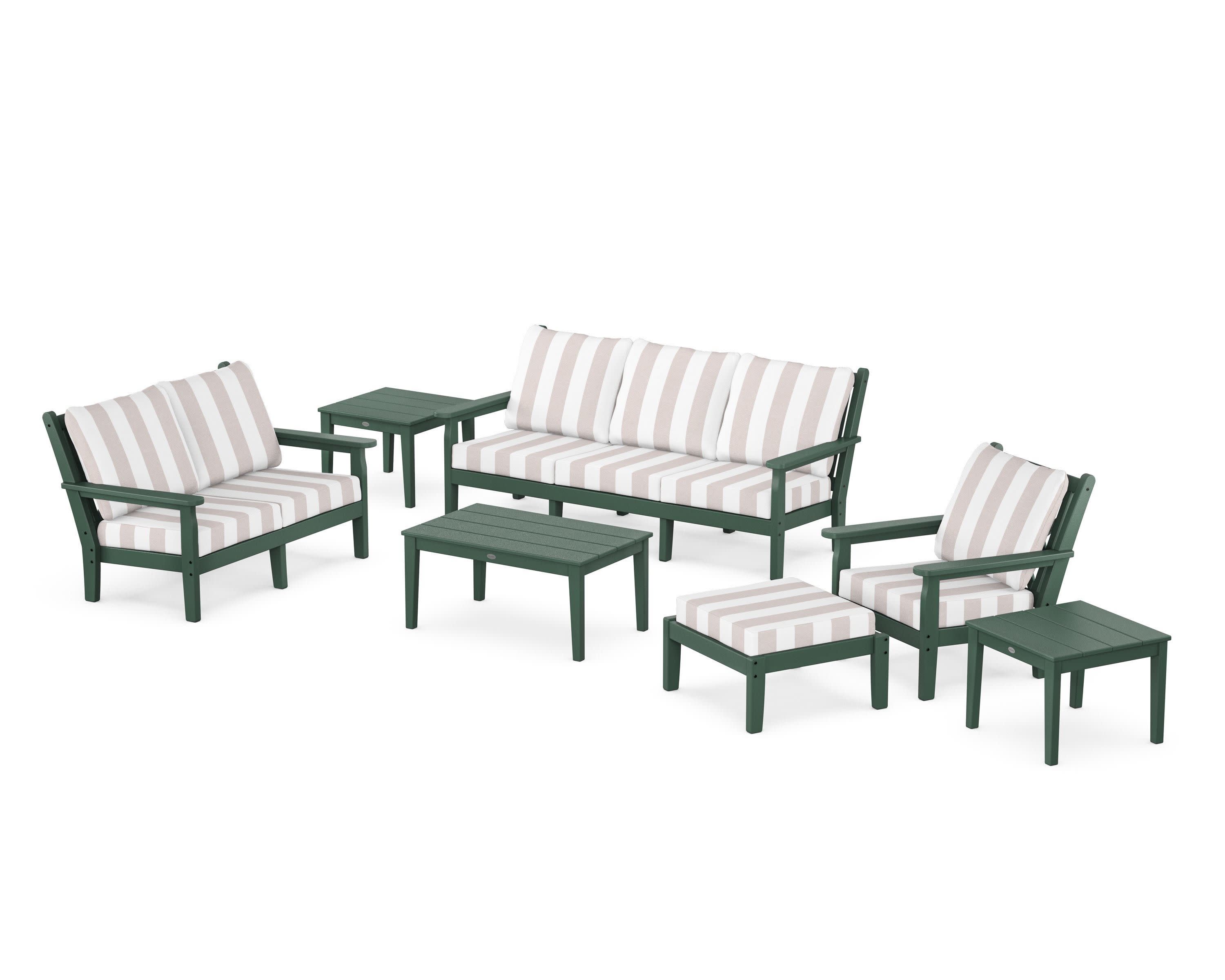 Chippendale 7-Piece Deep Seating Set in Green / Cabana Stripe Dune Burlap