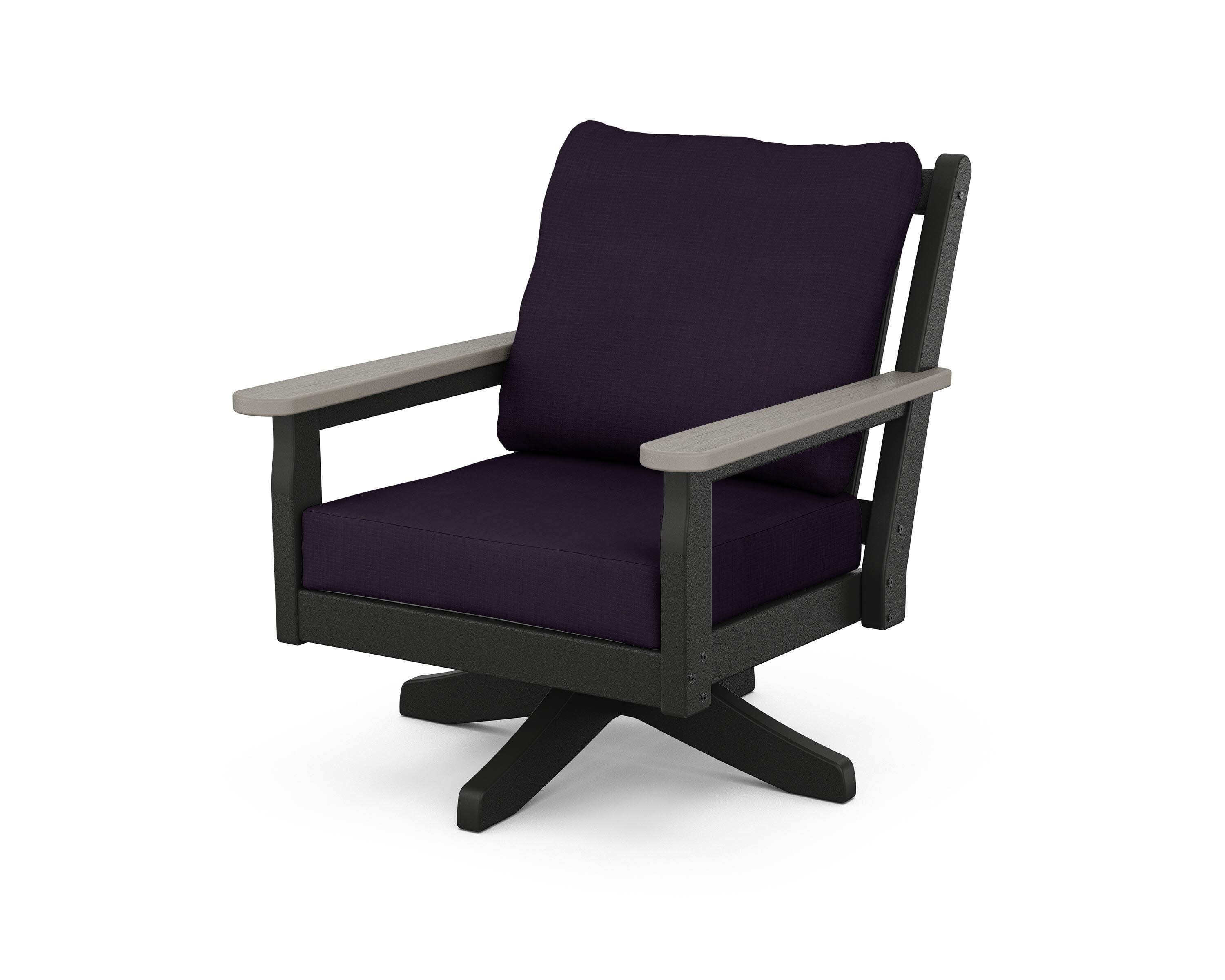Chippendale Deep Seating Swivel Chair in Black / Driftwood / Navy Linen