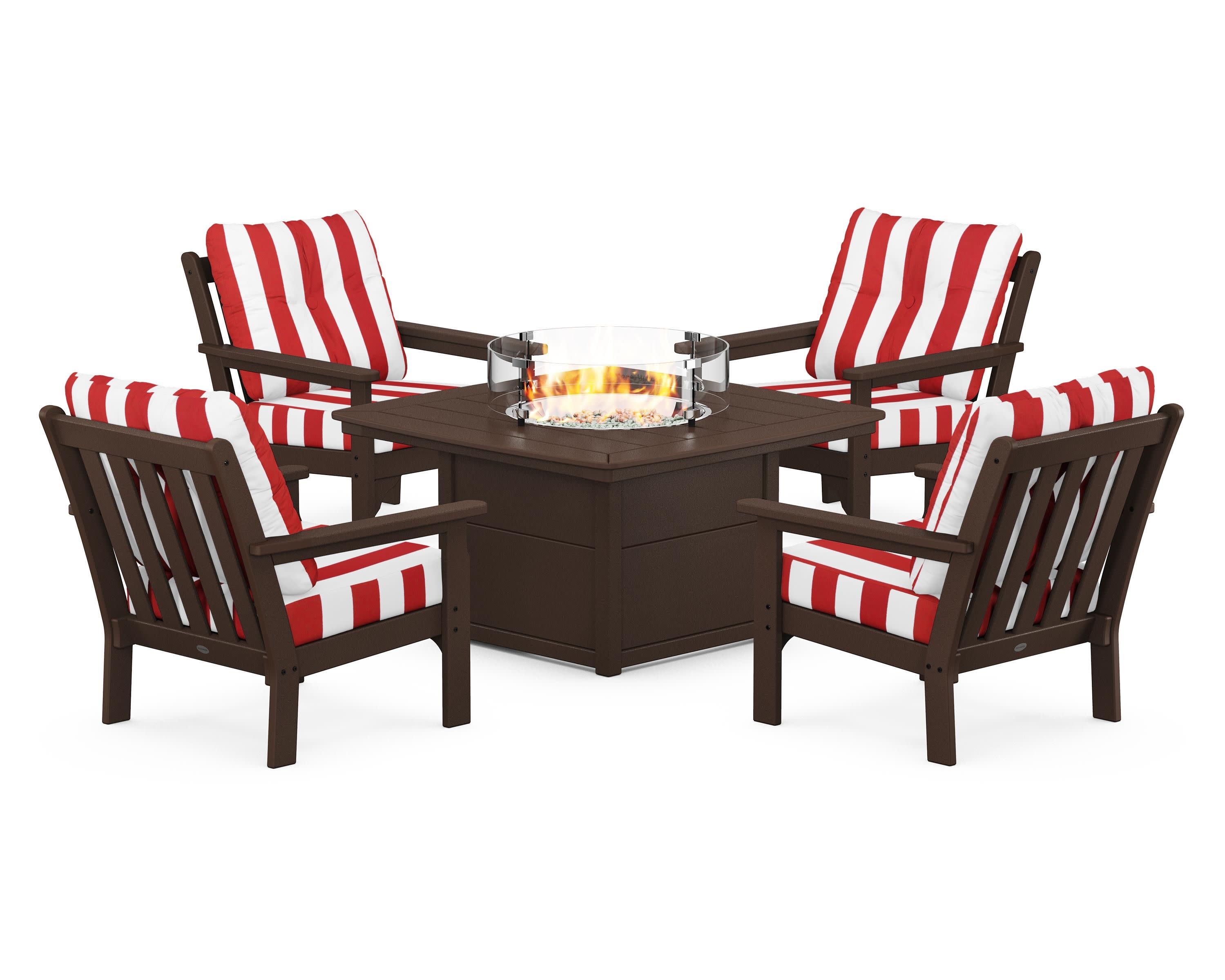 Vineyard 5-Piece Conversation Set with Fire Pit Table in Mahogany / Cabana Stripe Crimson