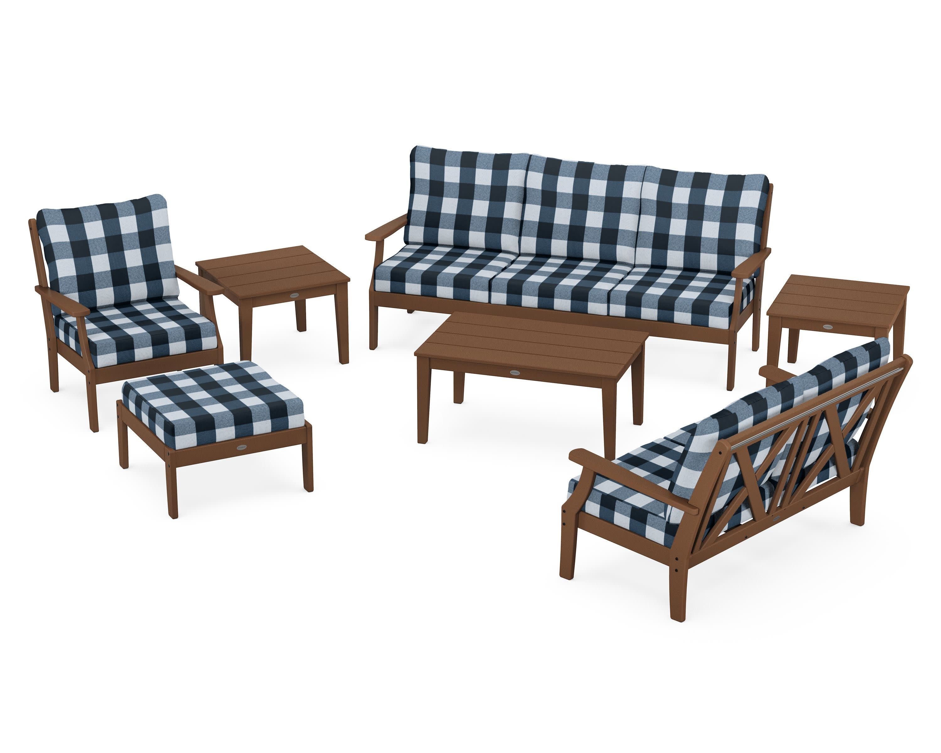Braxton 7-Piece Deep Seating Set in Teak / Buffalo Plaid Marine Indigo
