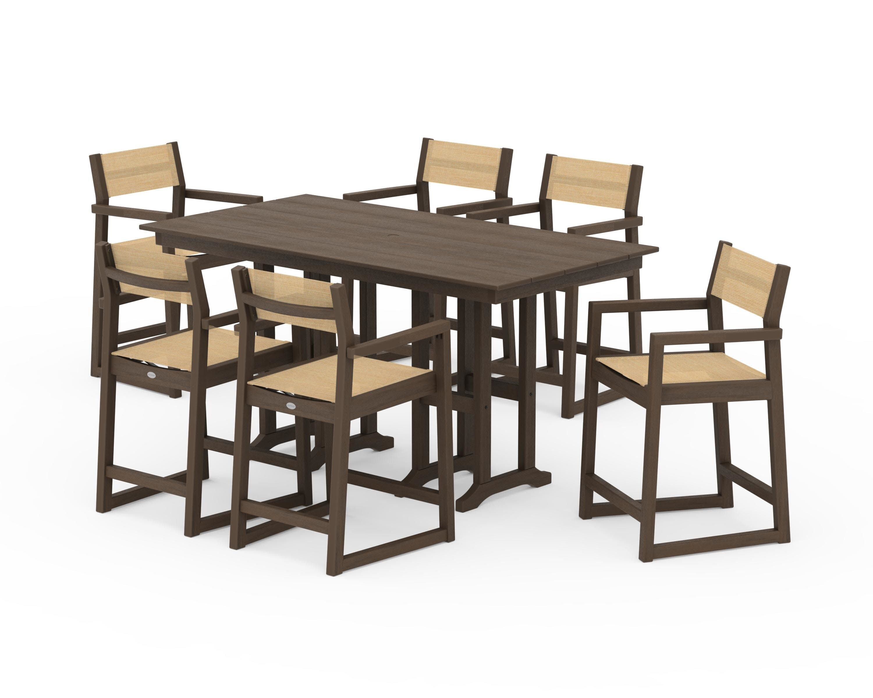 EDGE Sling Arm Chair 7-Piece Farmhouse Counter Set in Kona / Dupioni Apricot Sling