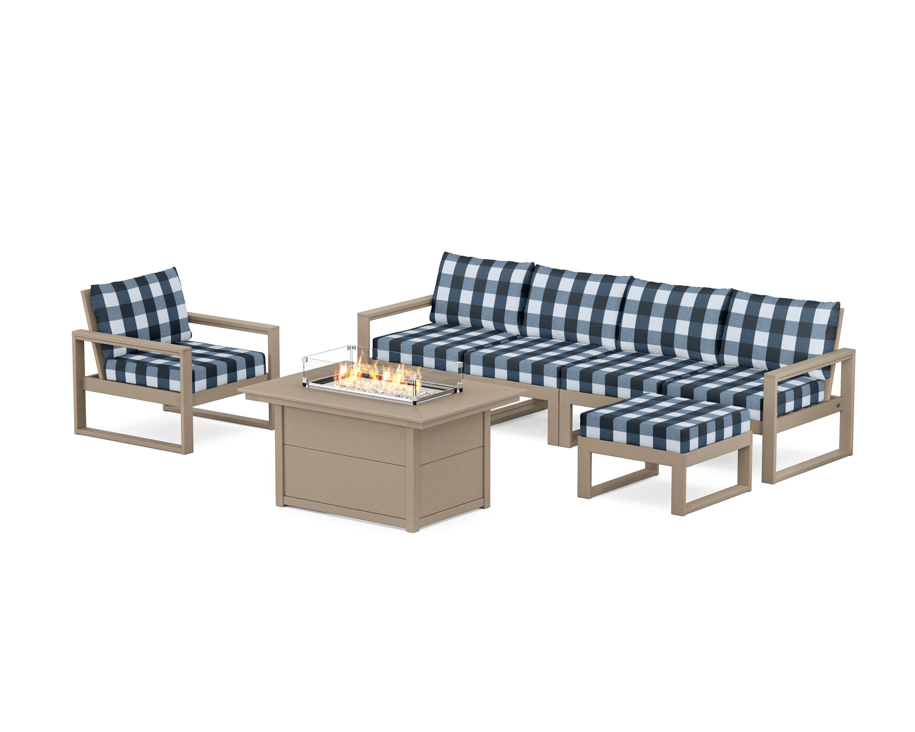 EDGE Sectional Lounge and Fire Pit Set in Vintage Sahara / Buffalo Plaid Marine Indigo