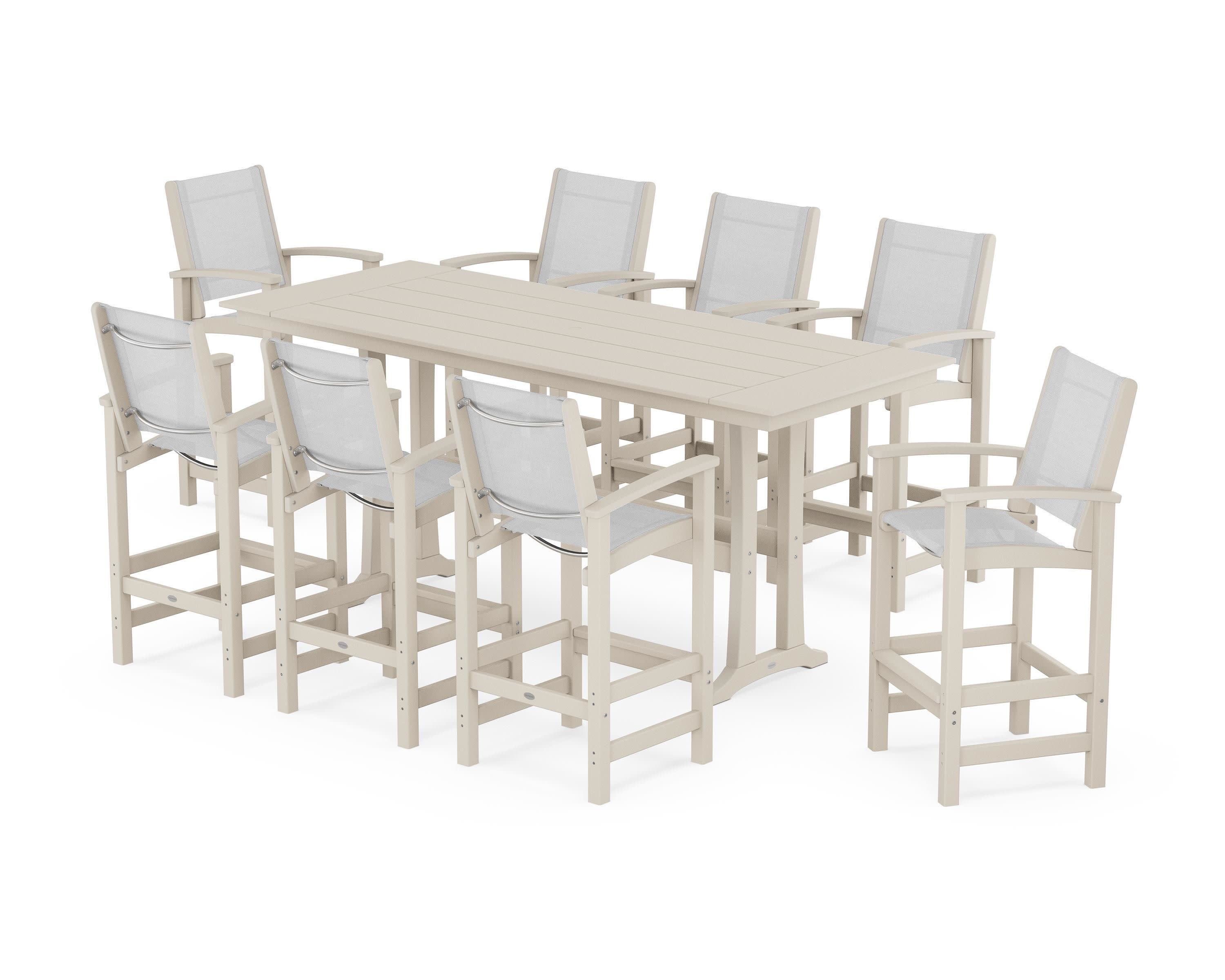 Coastal 9-Piece Farmhouse Bar Set with Trestle Legs in Sand / White Sling