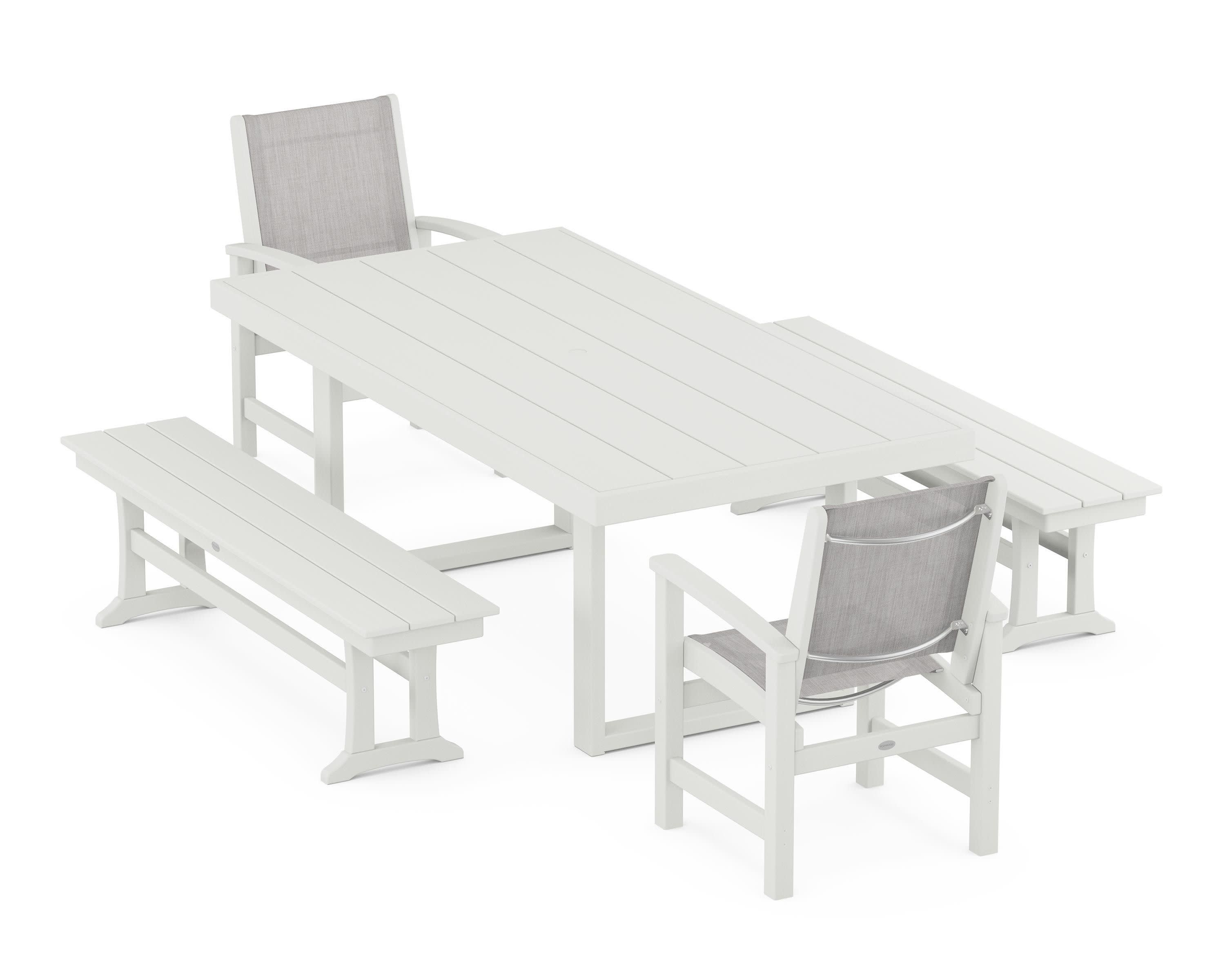 Coastal 5-Piece Dining Set with Trestle Legs in Vintage White / Parchment Sling