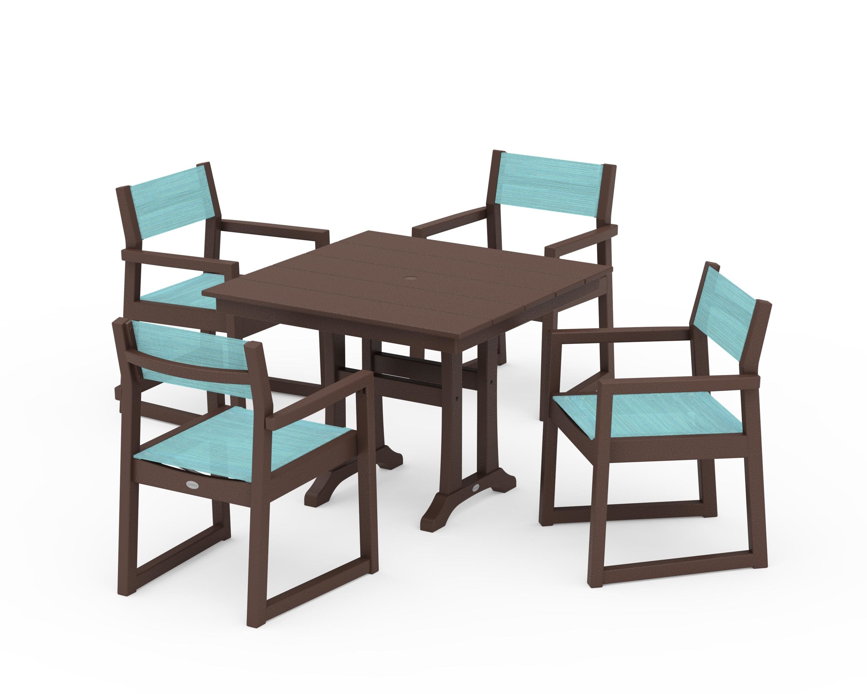 EDGE Sling 5-Piece Farmhouse Dining Set with Trestle Legs in Mahogany / Dupioni Aquamarine Sling
