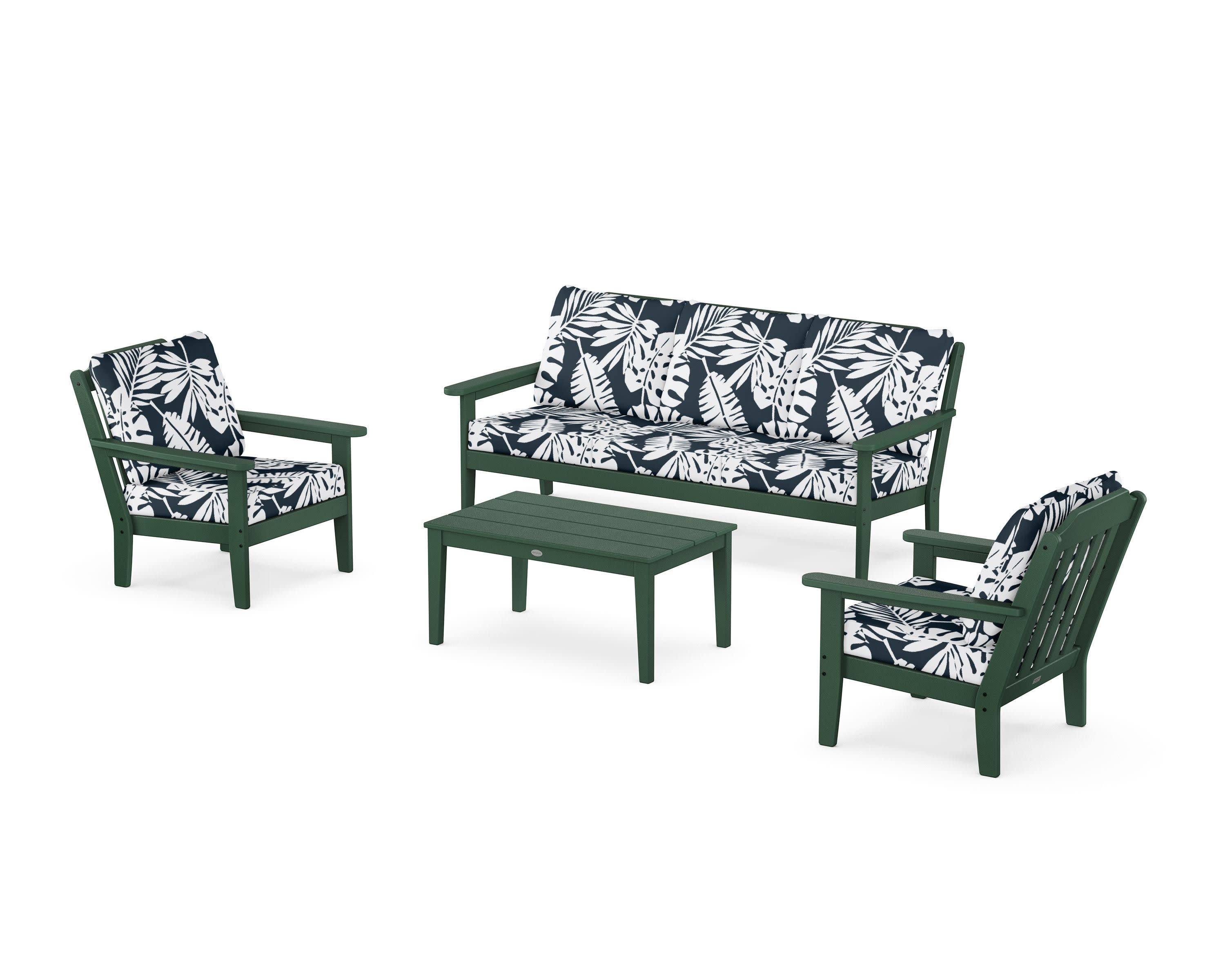 Cottage 4-Piece Deep Seating Set with Sofa in Green / Leaf Marine Indigo