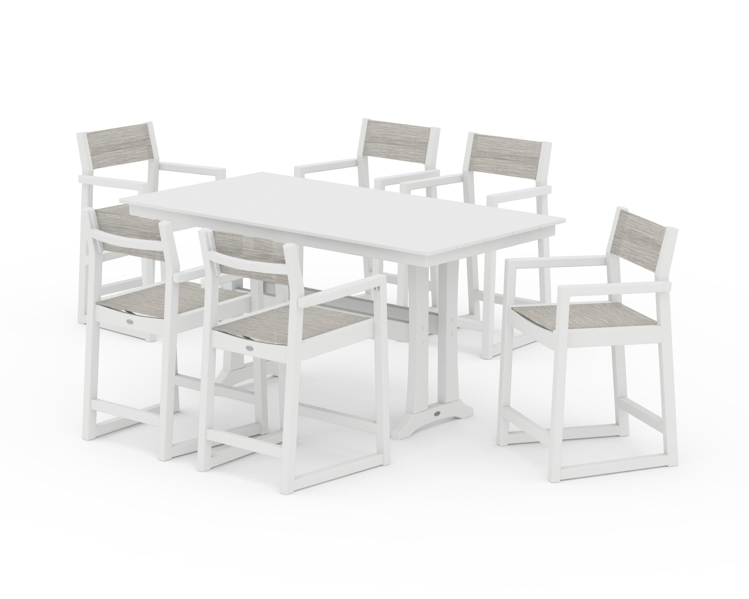 EDGE Sling Arm Chair 7-Piece Farmhouse Counter Set with Trestle Legs in White / Birch Sling