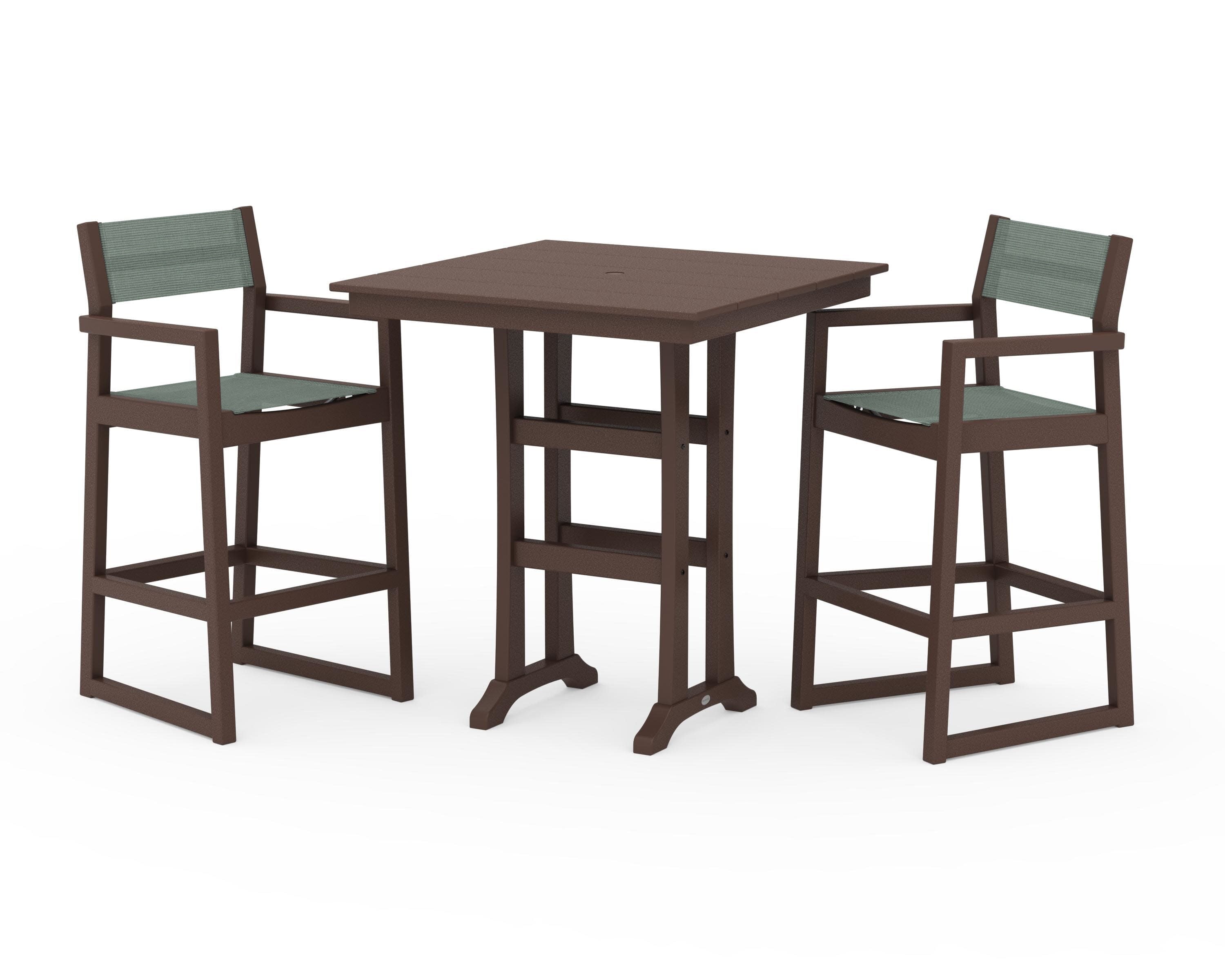 EDGE Sling Arm Chair 3-Piece Farmhouse Bar Set with Trestle Legs in Mahogany / Dupioni Sea Mist Sling