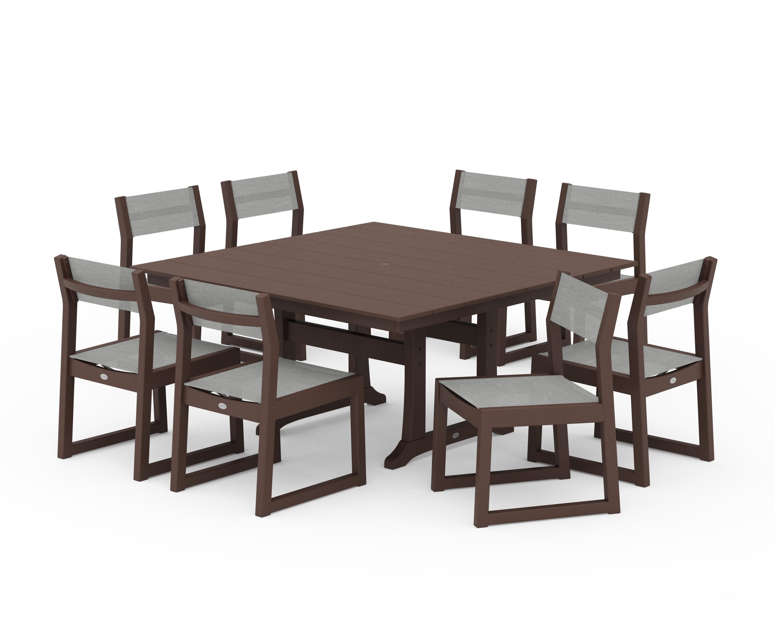 EDGE Sling Side Chair 9-Piece Farmhouse Trestle Dining Set in Mahogany / Metallic Sling