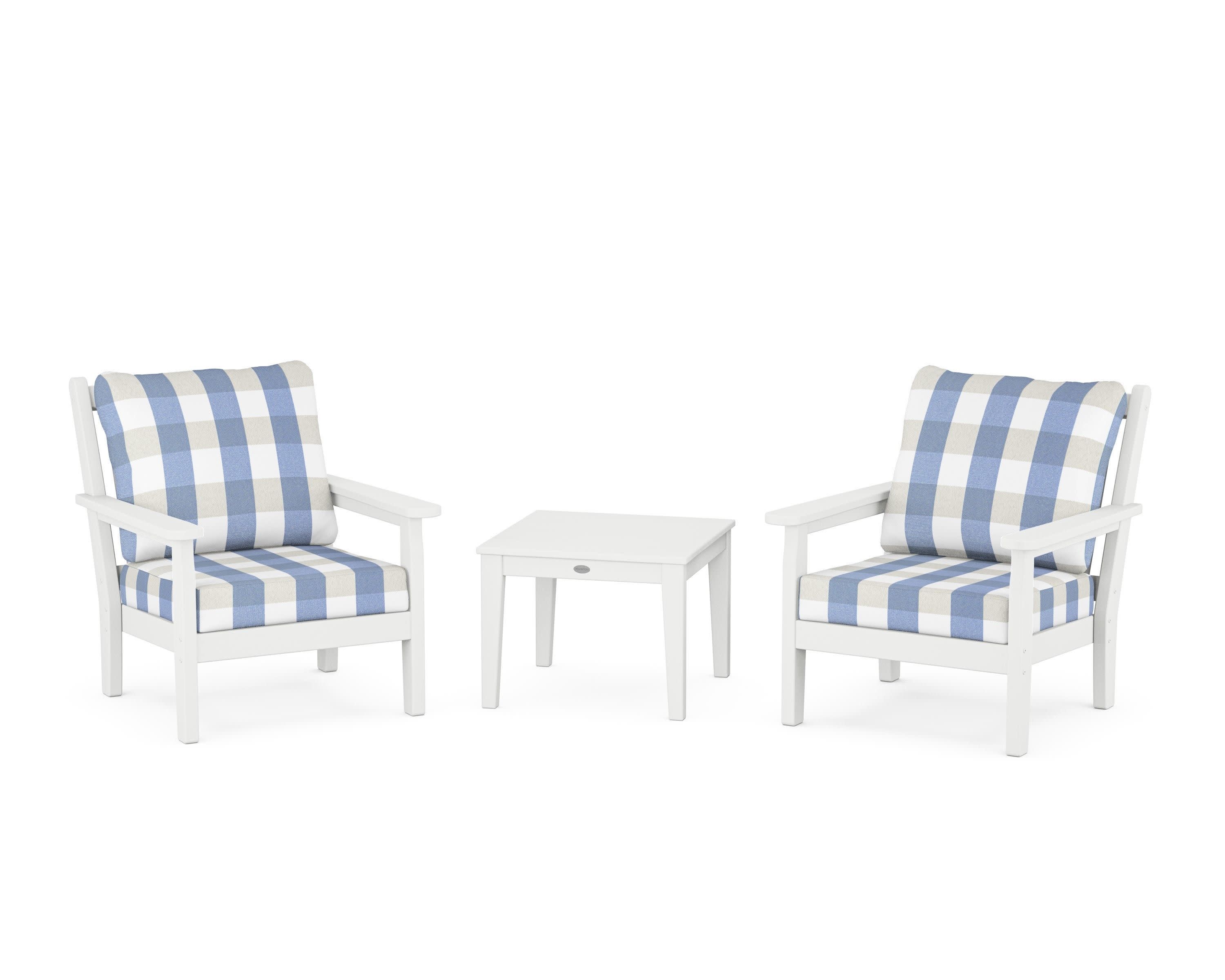 Chippendale 3-Piece Deep Seating Set in White / Buffalo Plaid Sky Blue