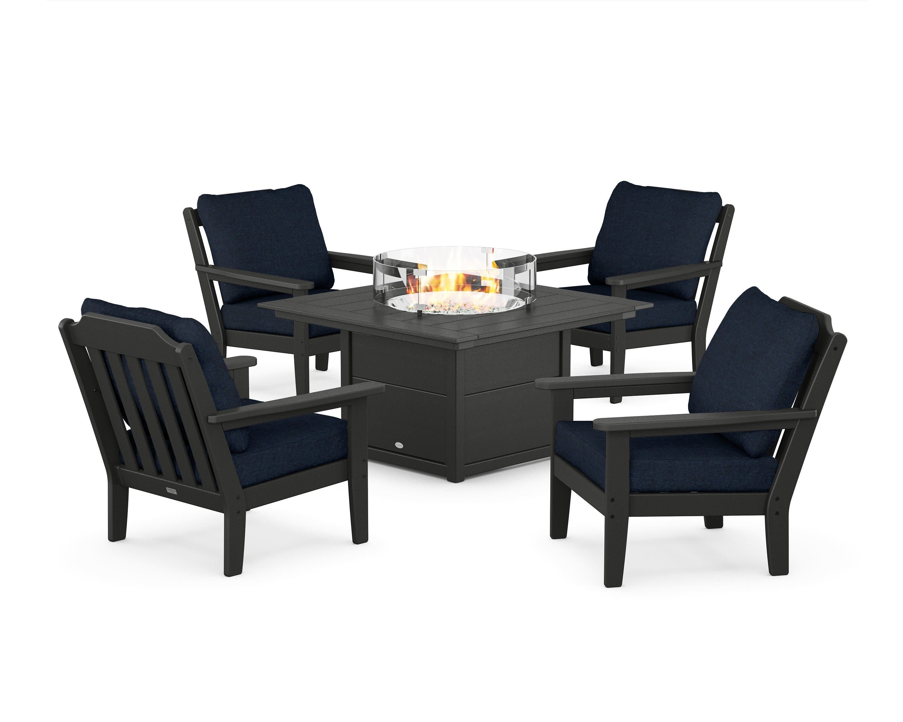 Cottage 5-Piece Deep Seating Set with Fire Pit Table in Black / Marine Indigo