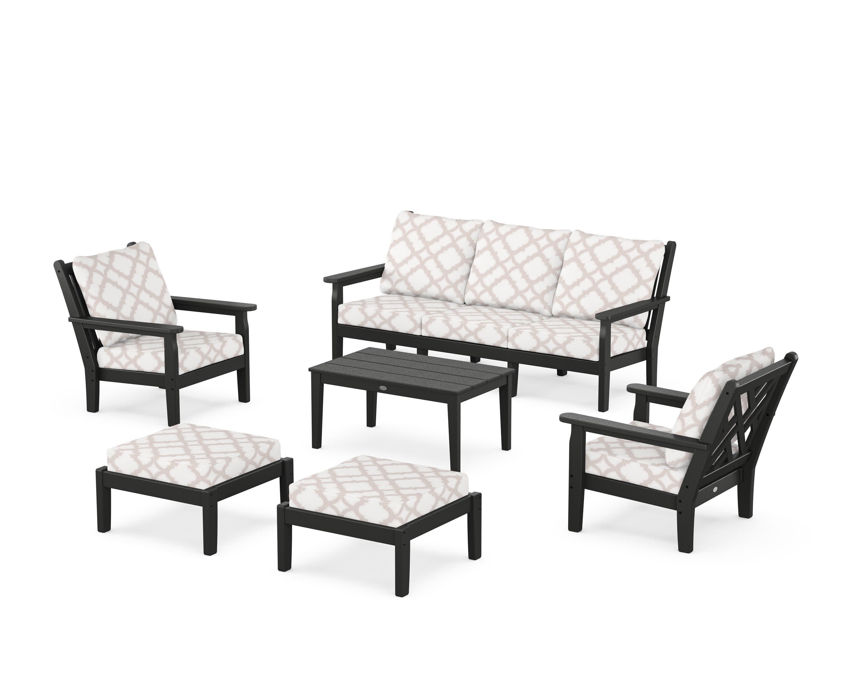 Chippendale 6-Piece Lounge Sofa Set in Black / Trellis Dune Burlap