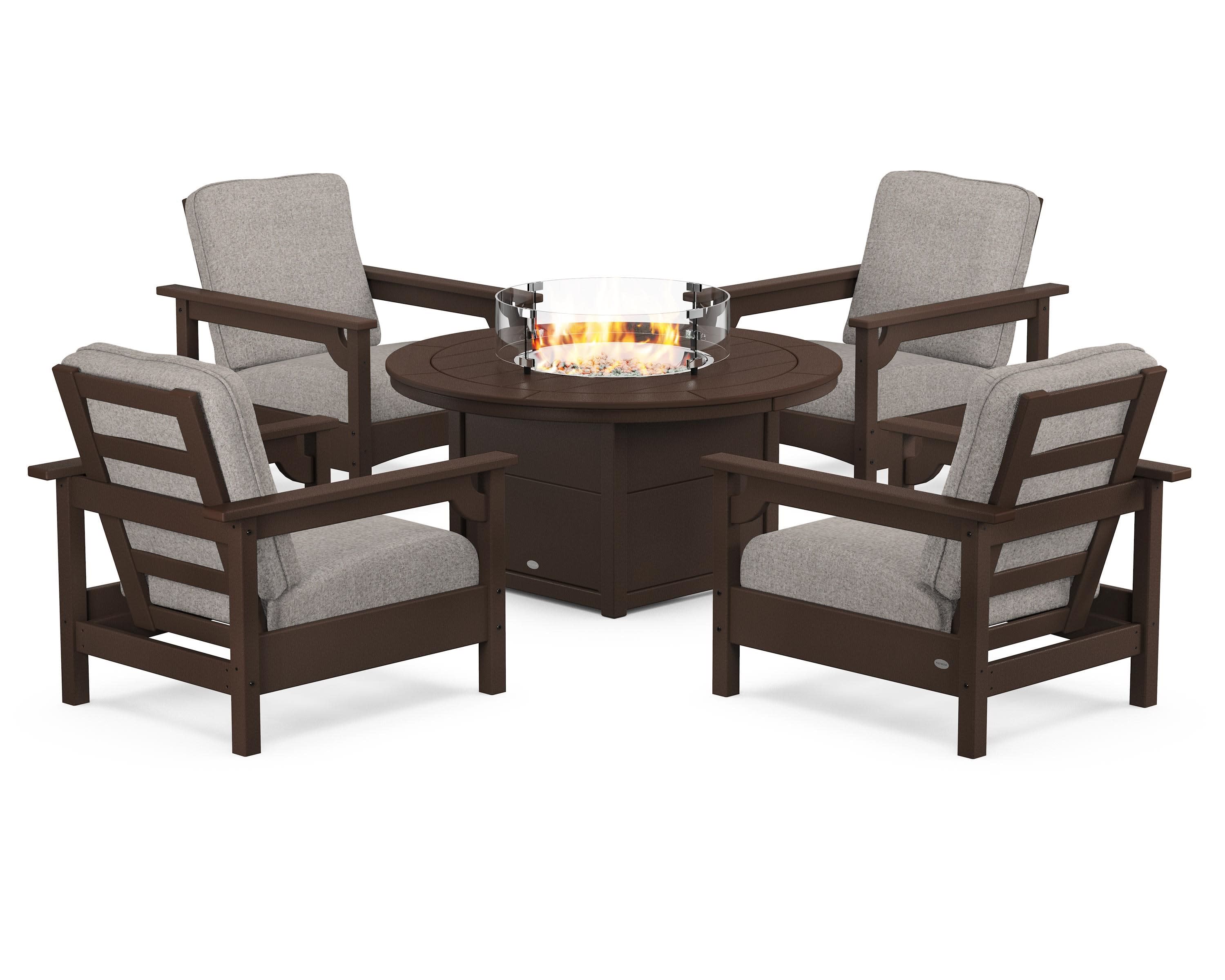 Club 5-Piece Conversation Set with Fire Pit Table in Mahogany / Weathered Tweed