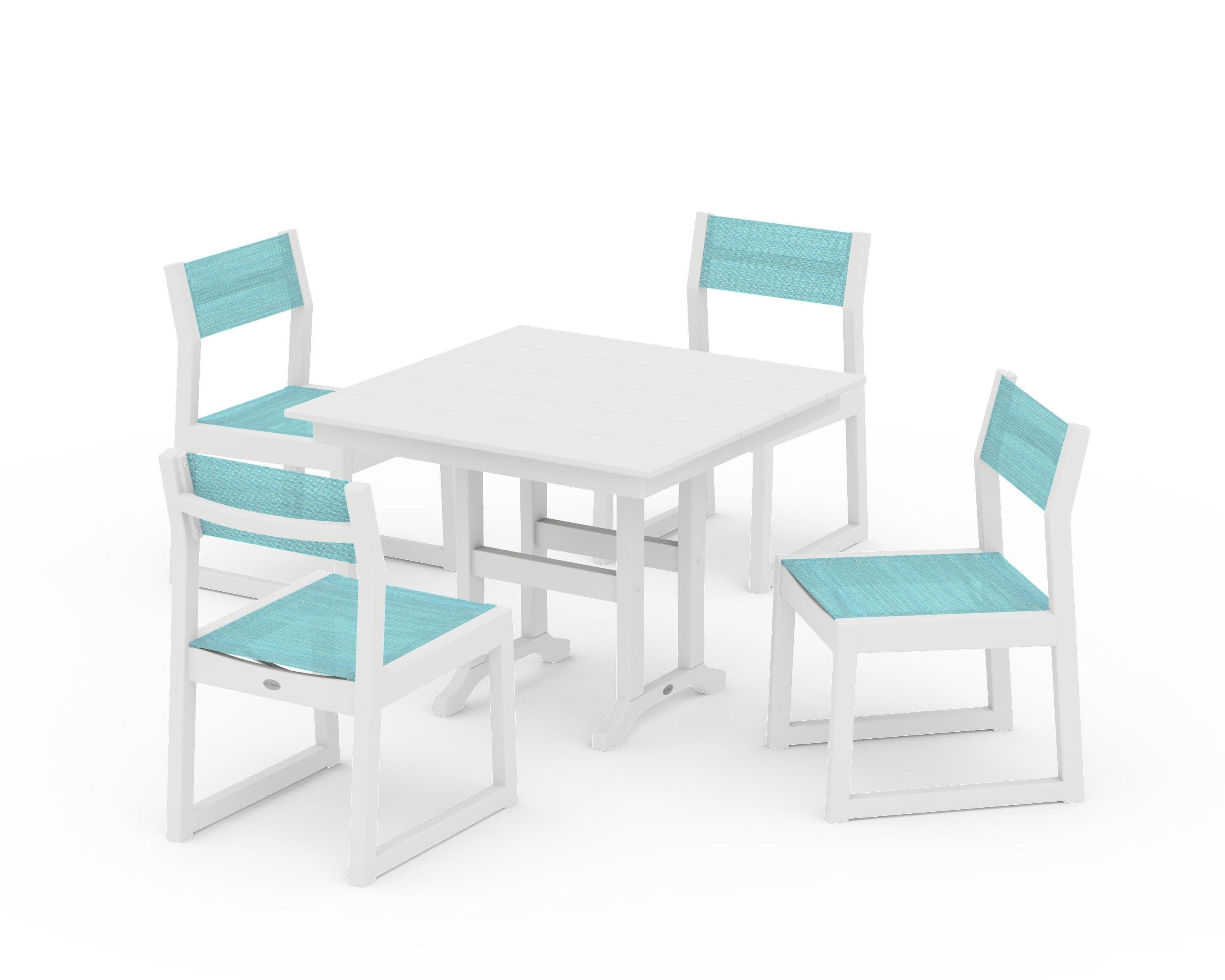 EDGE Sling Side Chair 5-Piece Farmhouse Dining Set in White / Dupioni Aquamarine Sling