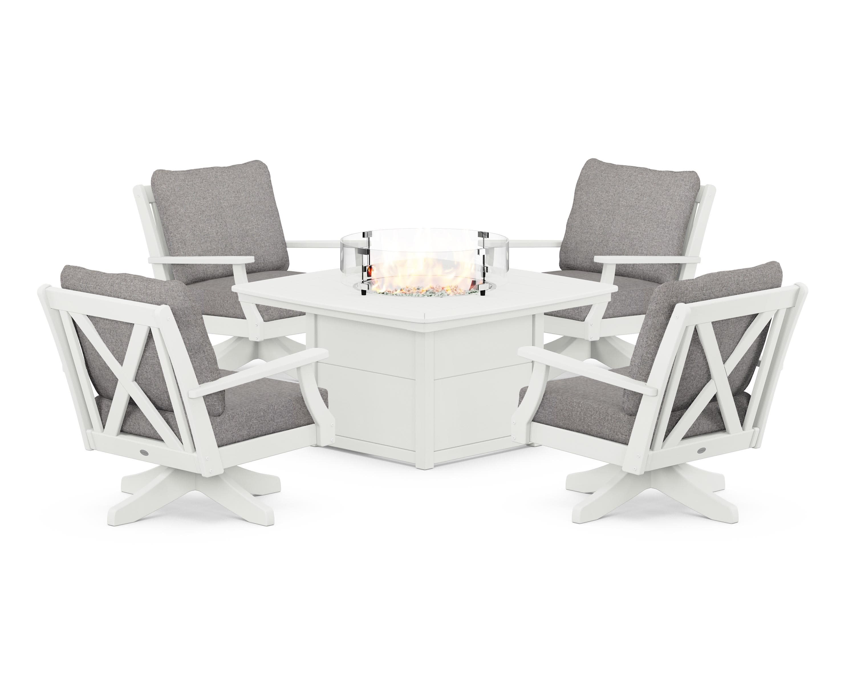 Braxton 5-Piece Deep Seating Swivel Conversation Set with Fire Pit Table in Vintage White / Grey Mist