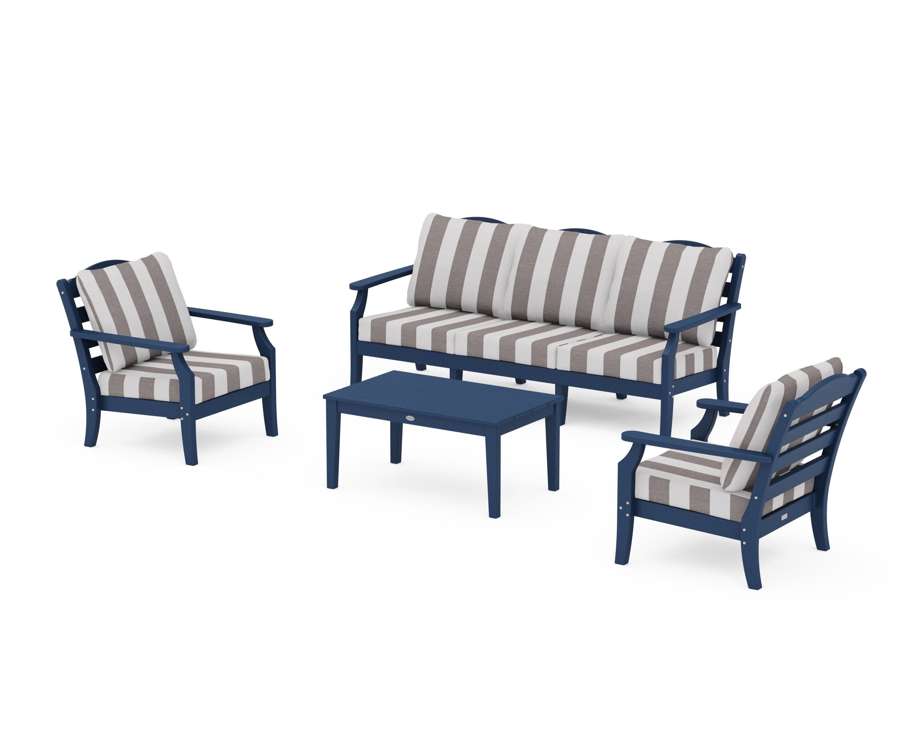 Savannah 4-Piece Deep Seating Set with Sofa in Navy / Cabana Stripe Grey Mist