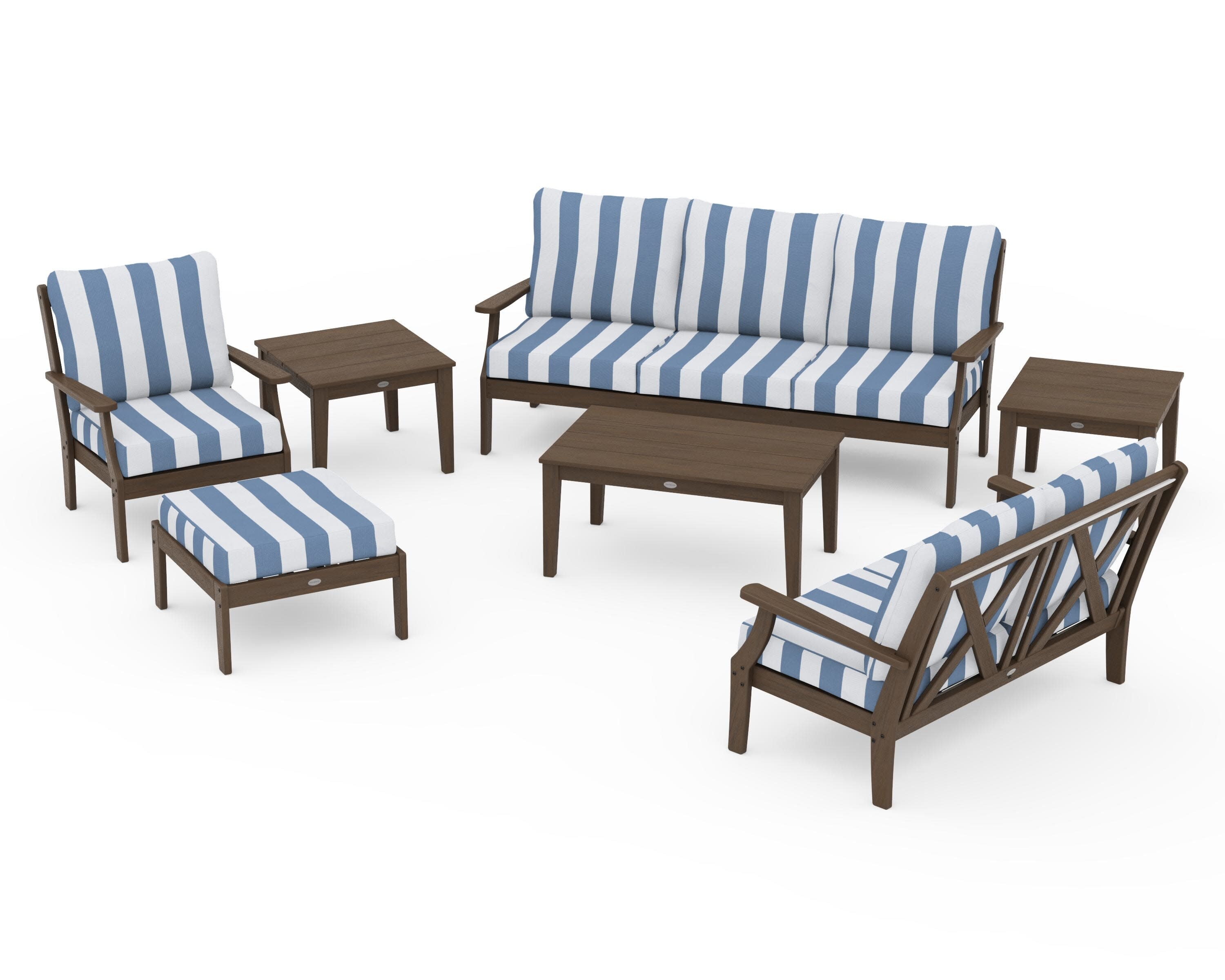 Braxton 7-Piece Deep Seating Set in Kona / Cabana Stripe Sky Blue