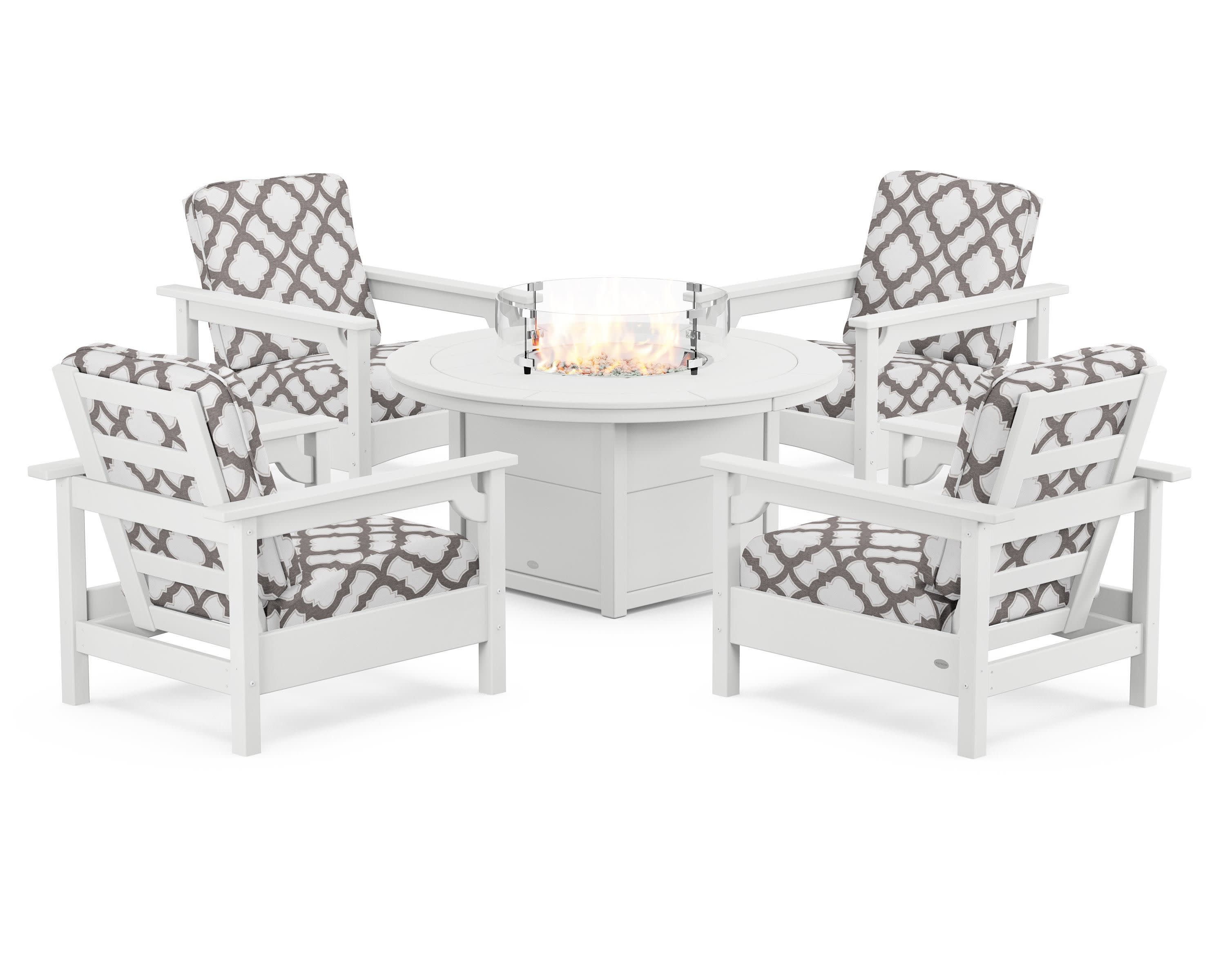 Club 5-Piece Conversation Set with Fire Pit Table in White / Trellis Grey Mist