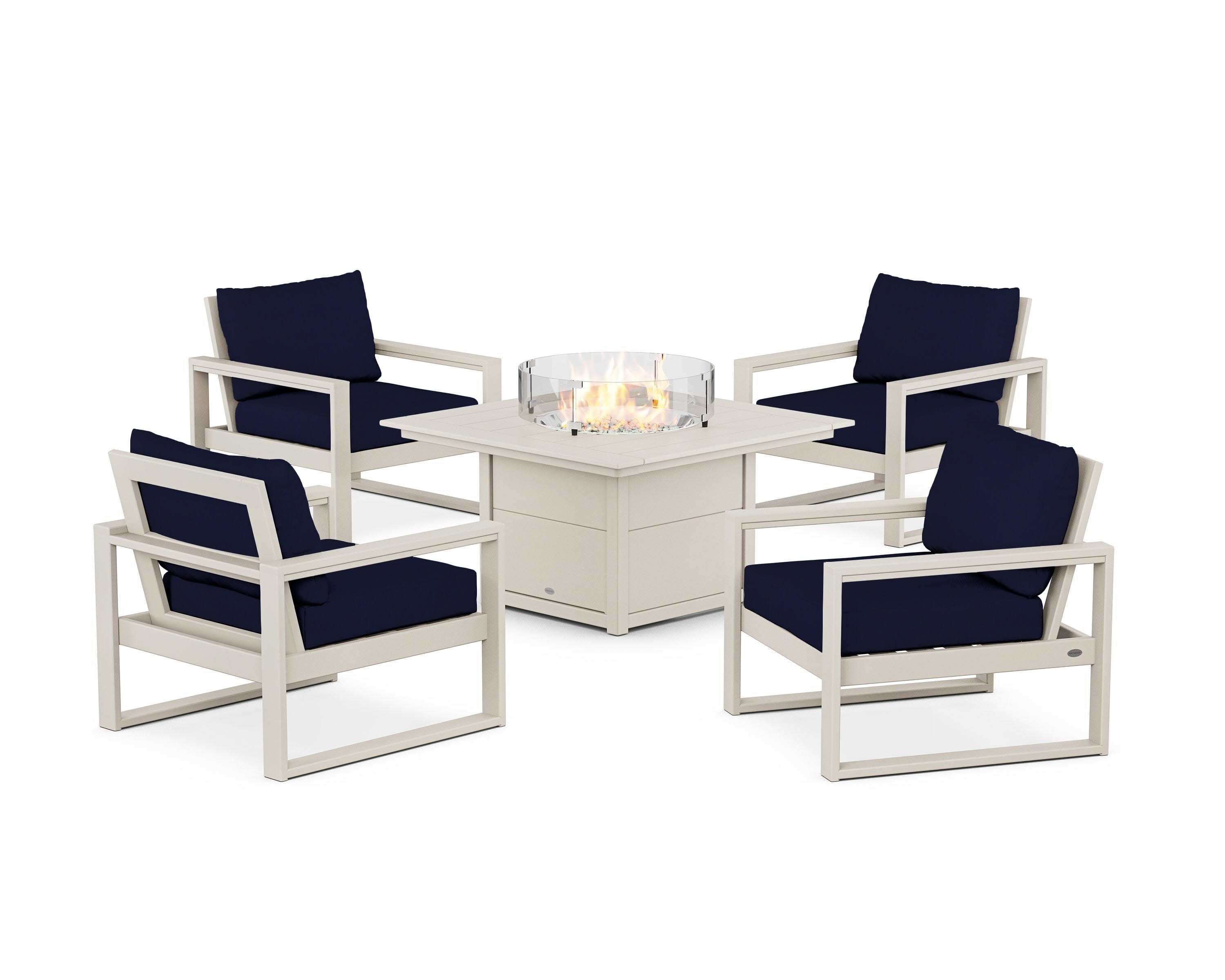 EDGE Sectional 5-Piece Deep Seating Set with Fire Pit Table in Sand / Navy
