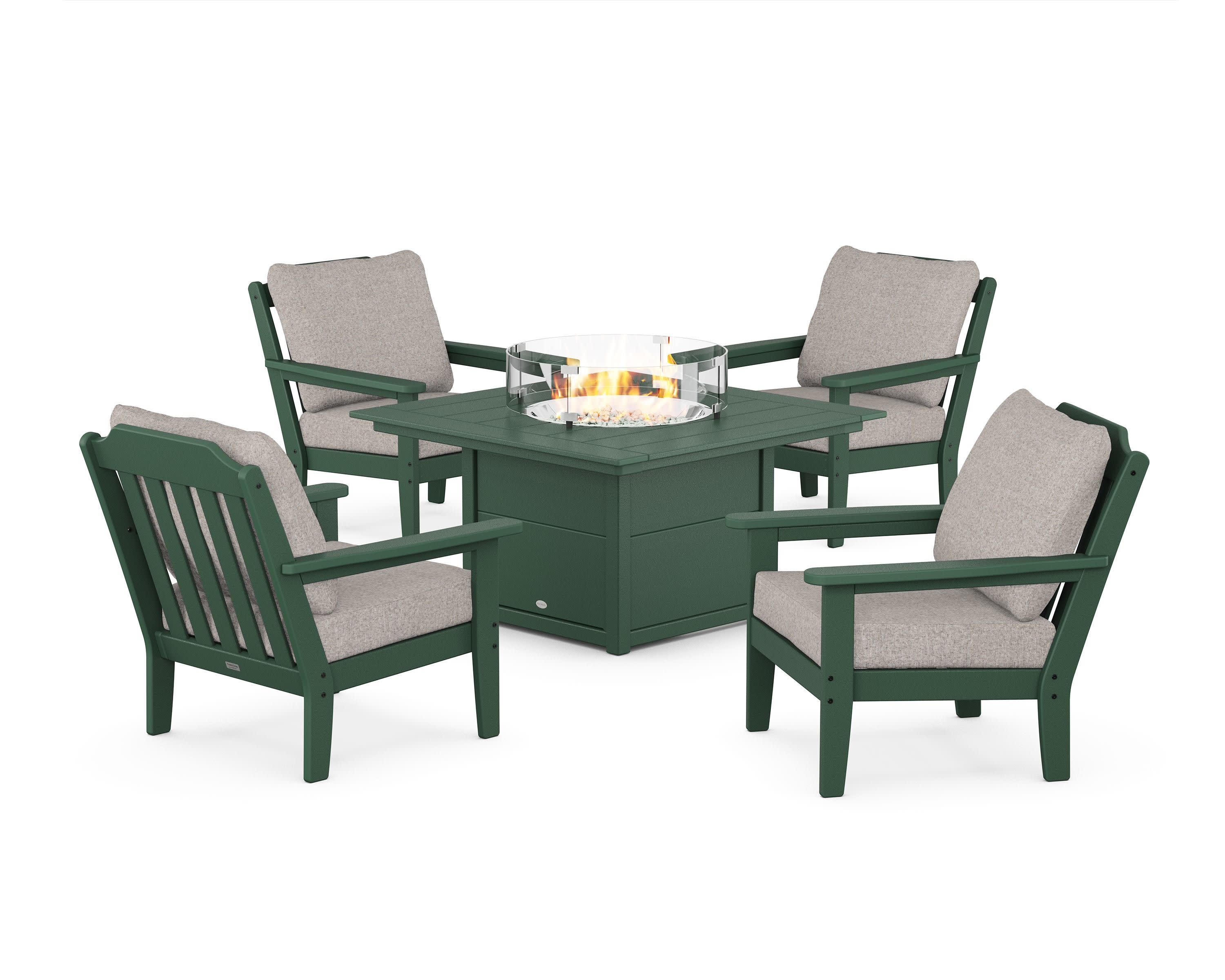 Cottage 5-Piece Deep Seating Set with Fire Pit Table in Green / Weathered Tweed