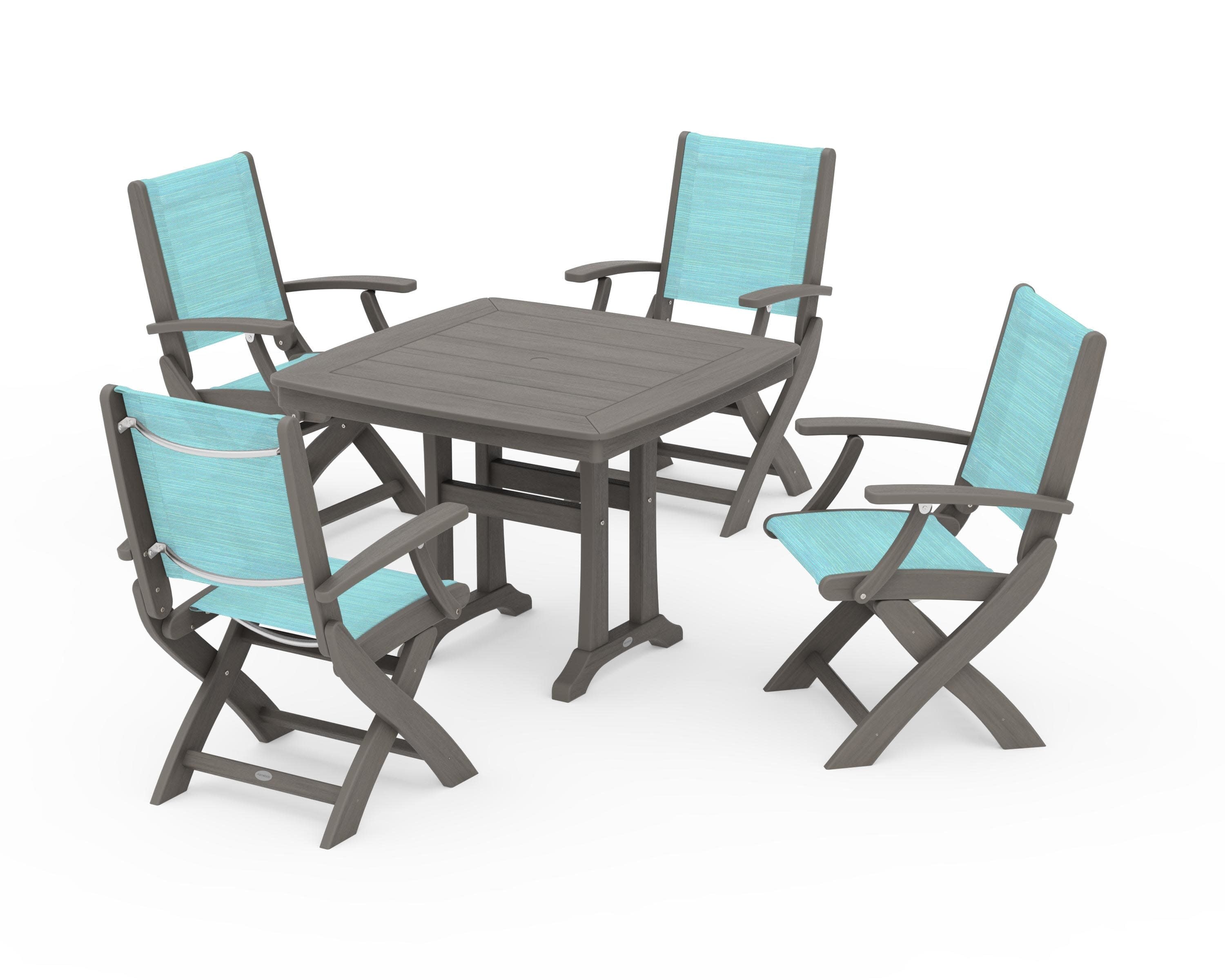 Coastal Folding Chair 5-Piece Dining Set with Trestle Legs in Driftwood / Dupioni Aquamarine Sling