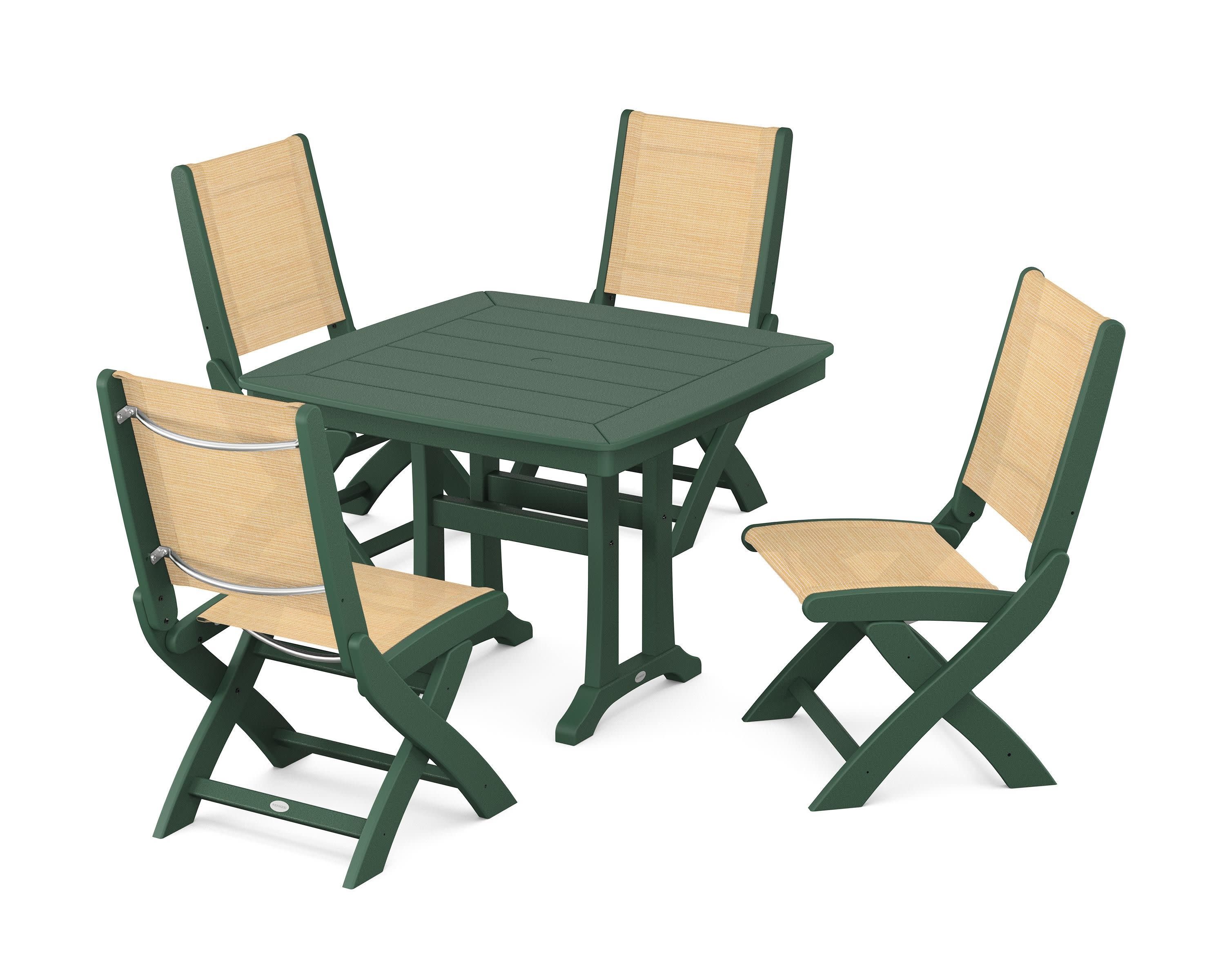 Coastal Folding Side Chair 5-Piece Dining Set with Trestle Legs in Green / Dupioni Apricot Sling