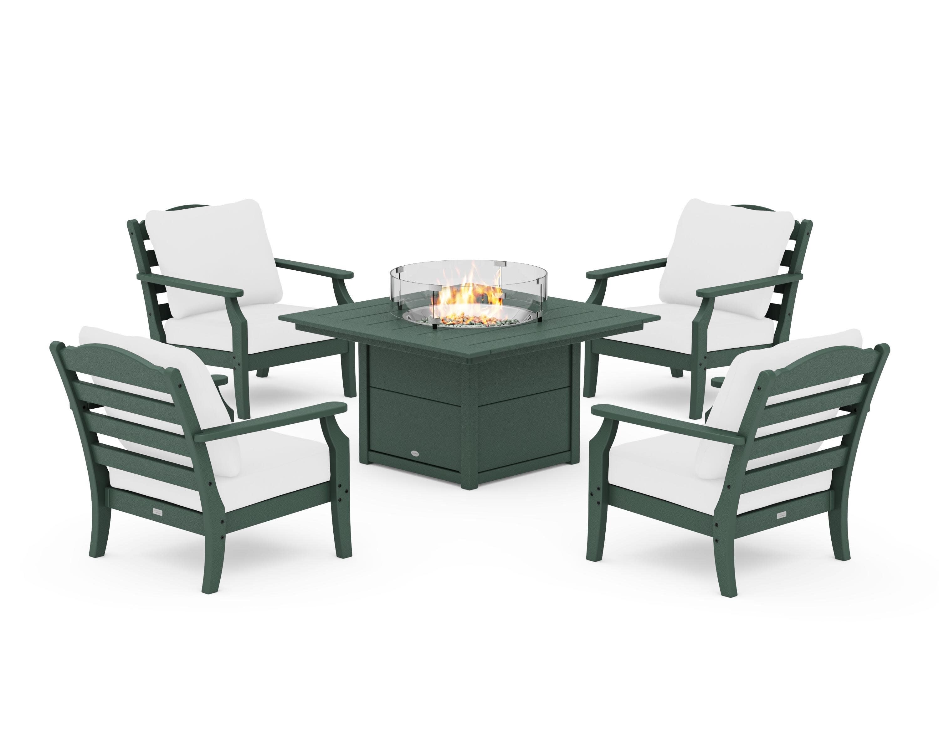 Savannah 5-Piece Deep Seating Set with Fire Pit Table in Green / Natural