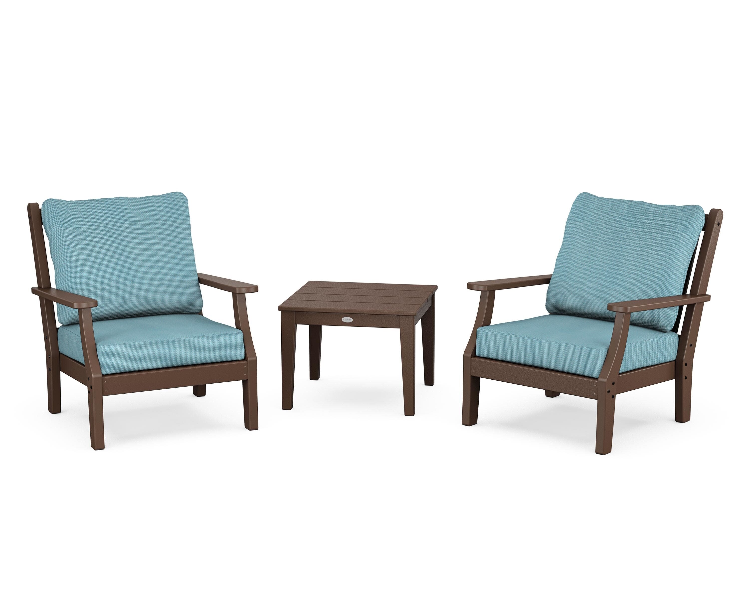 Wovendale 3-Piece Deep Seating Set in Mahogany / Lattice Sky Blue