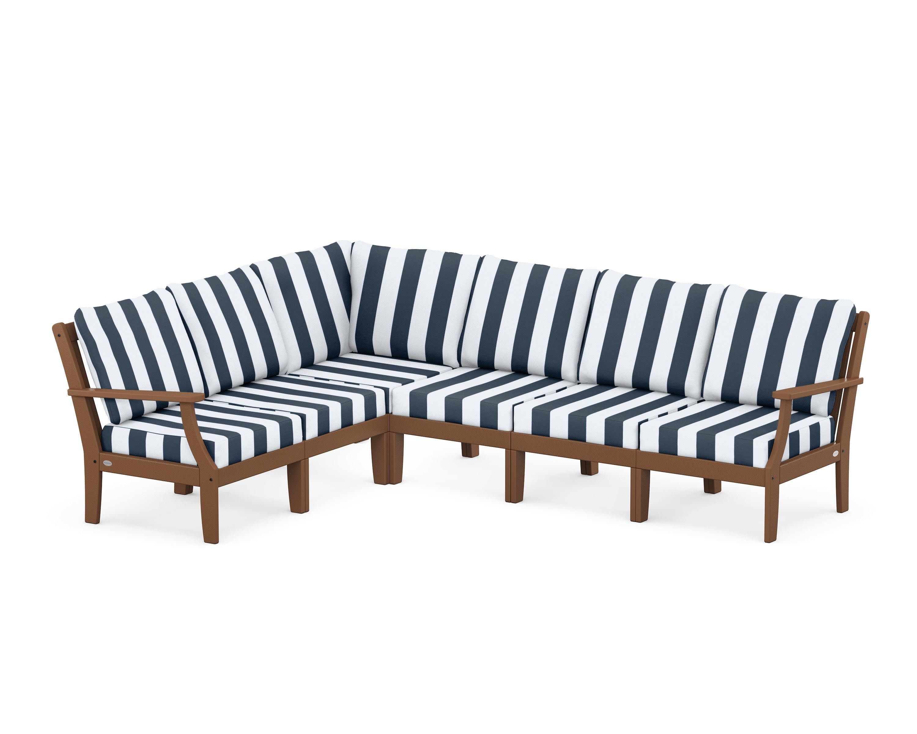Braxton Modular 6-Piece Deep Seating Set in Teak / Cabana Stripe Marine Indigo