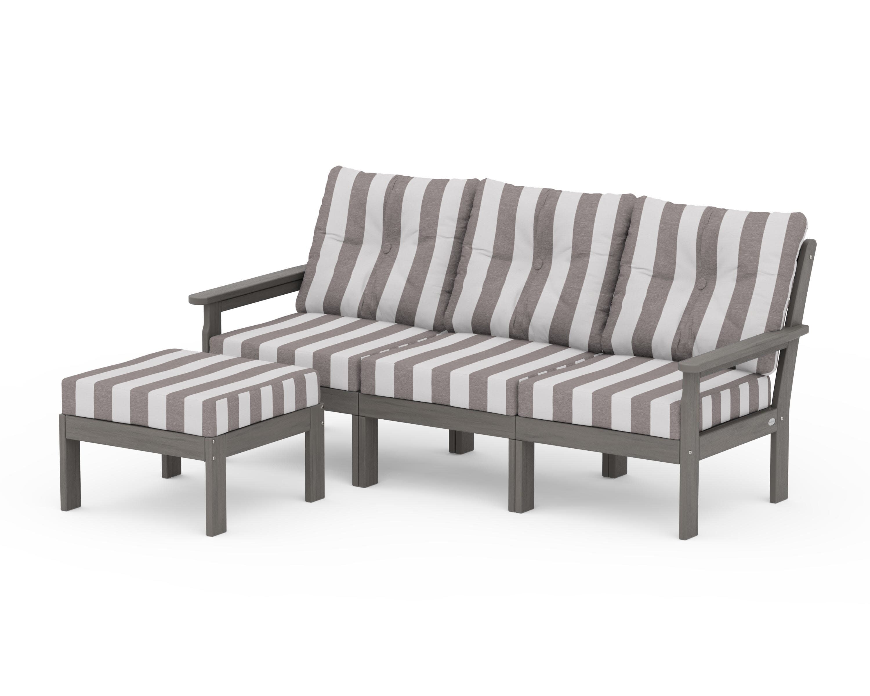 Vineyard 4-Piece Sectional with Ottoman in Driftwood / Cabana Stripe Grey Mist