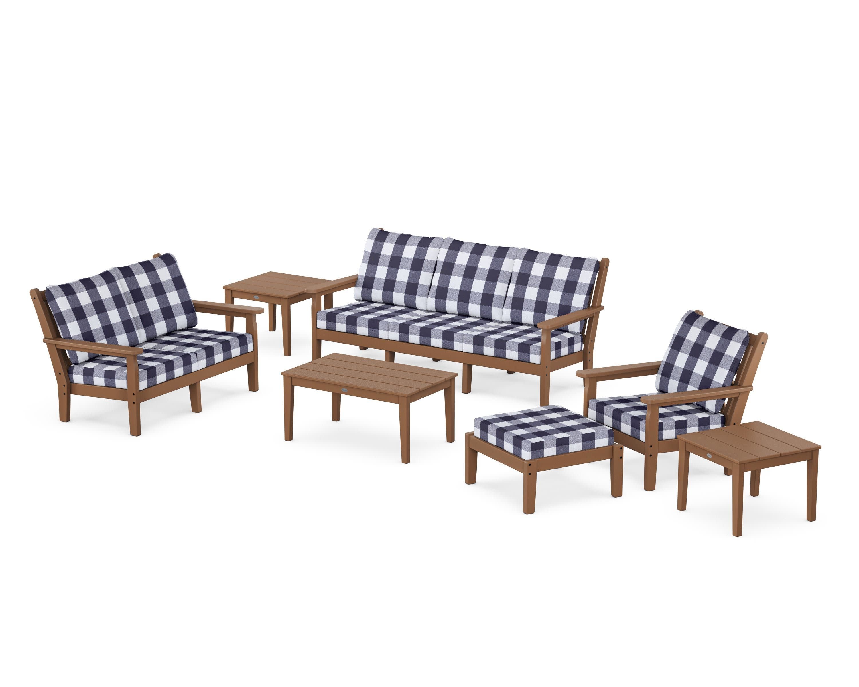 Chippendale 7-Piece Deep Seating Set in Teak / Buffalo Plaid Navy
