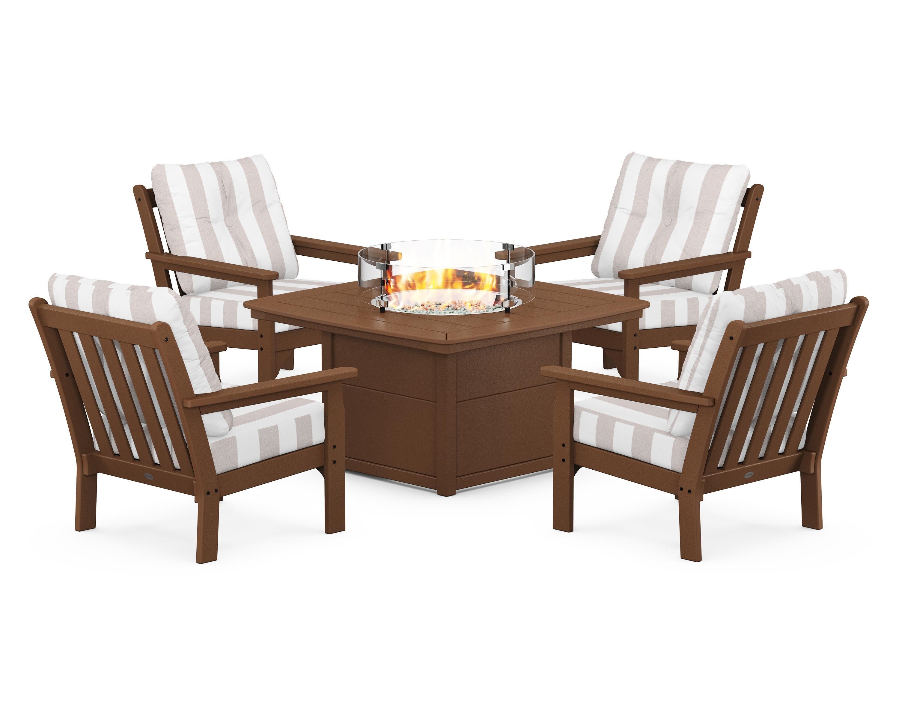 Vineyard 5-Piece Conversation Set with Fire Pit Table in Teak / Cabana Stripe Dune Burlap
