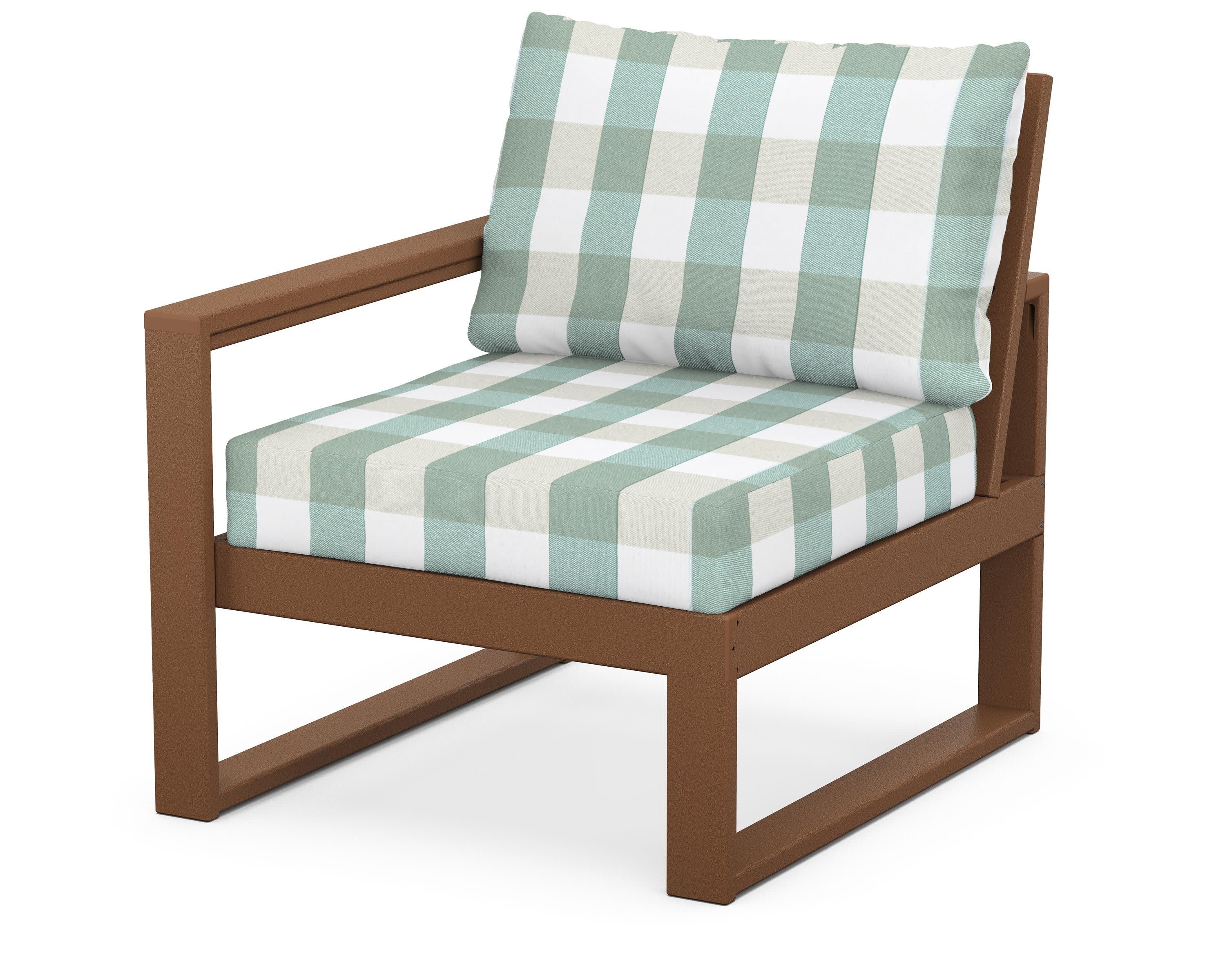 EDGE Modular Left Arm Chair in Teak / Buffalo Plaid Glacier Spa