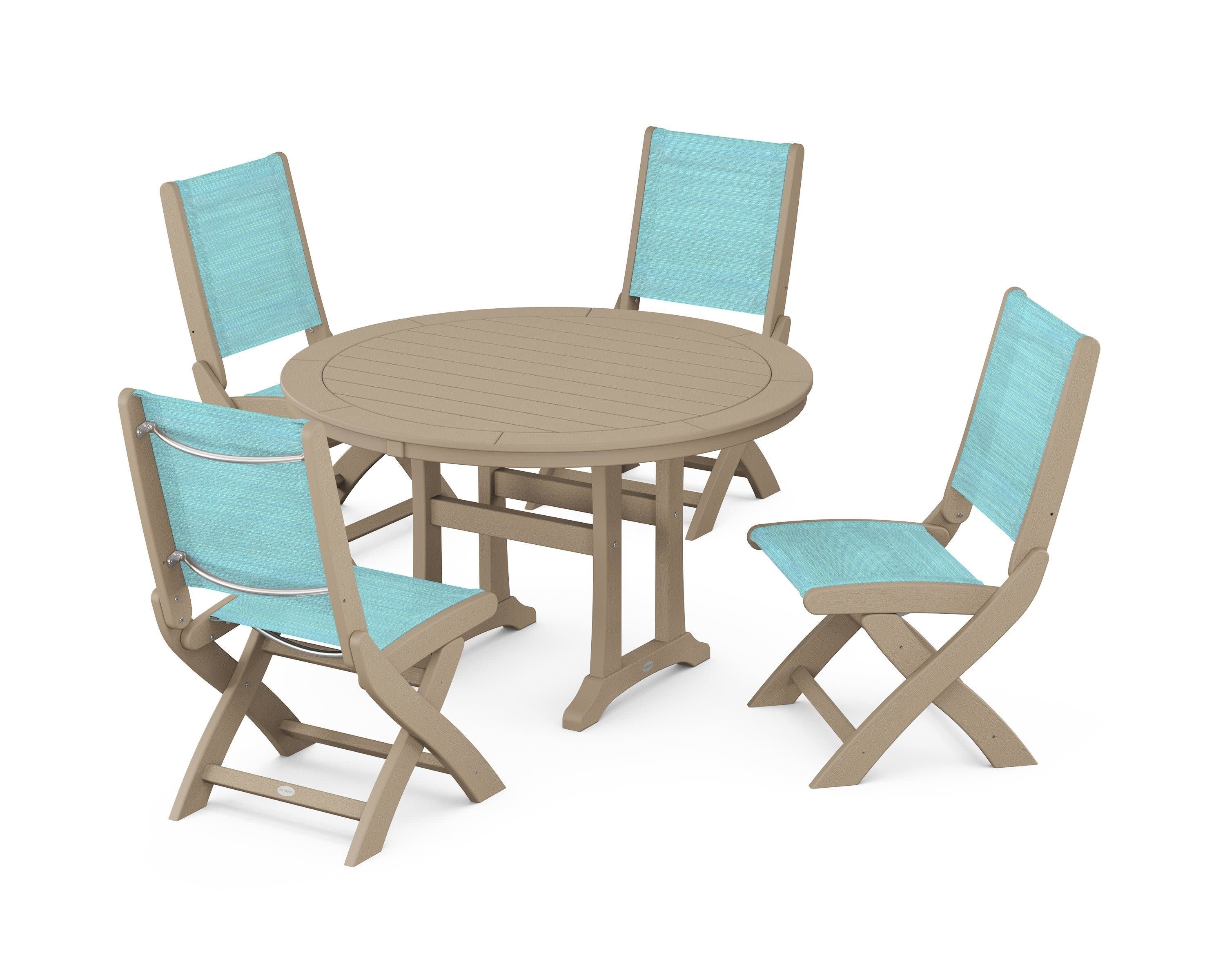 Coastal Folding Side Chair 5-Piece Round Dining Set With Trestle Legs in Vintage Sahara / Dupioni Aquamarine Sling