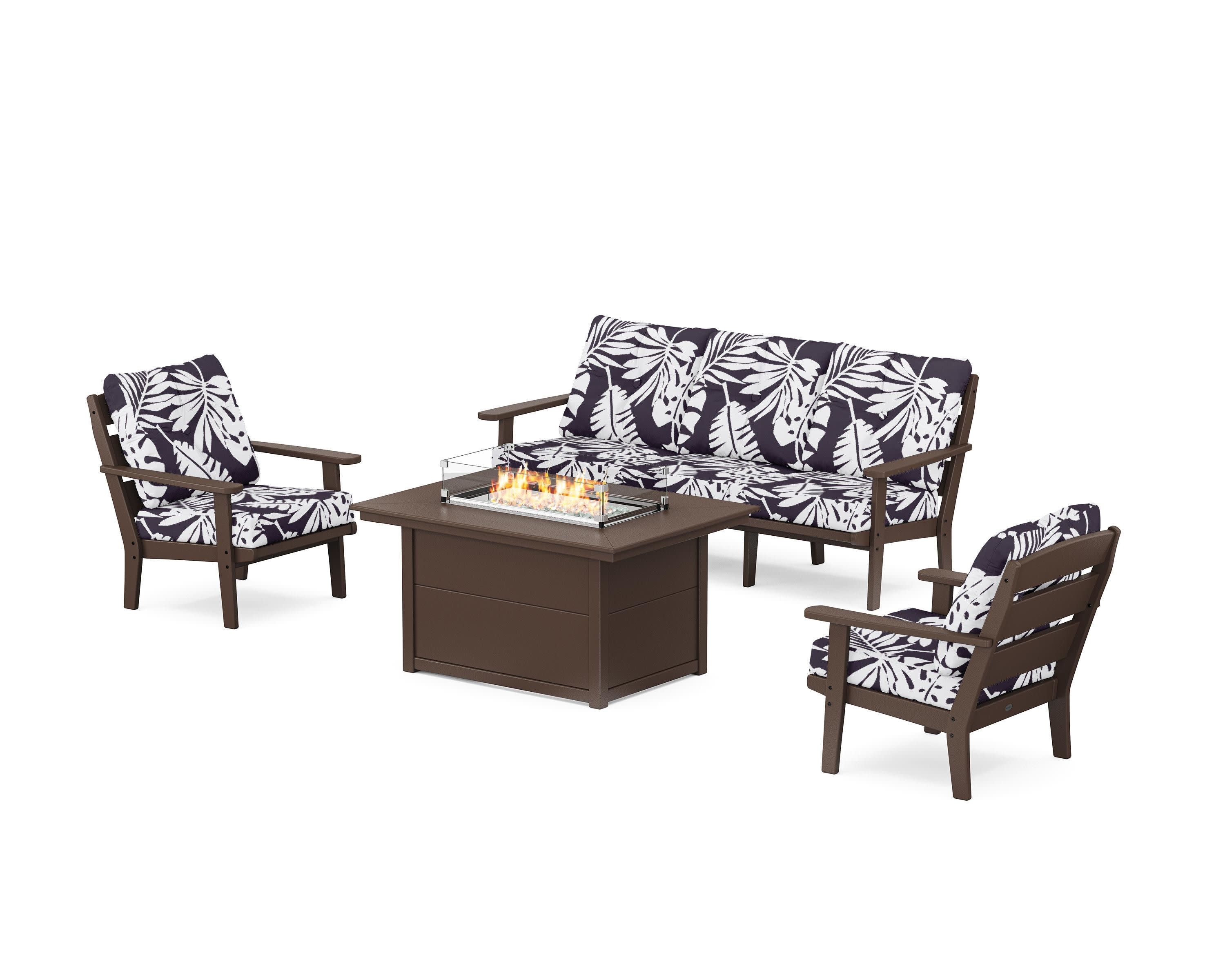 Lakeside Deep Seating Fire Pit Table Set in Mahogany / Leaf Navy